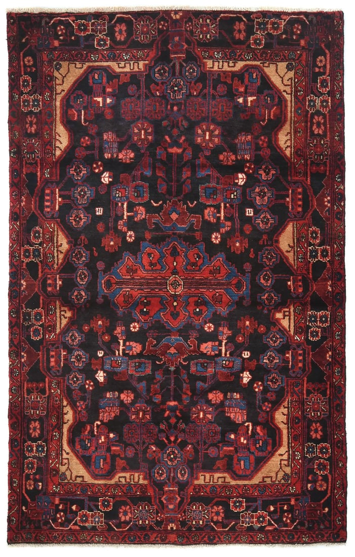 Vintage Hand-Knotted Wool Tribal Rug 5x8 Plum Red: Vintage Hand-Knotted Wool Tribal Rug 5x8 Plum Red Enhance your living space with this stunning vintage tribal rug, measuring 5'1" x 8'5". Hand-knotted from high-quality wool, this unique piece feature