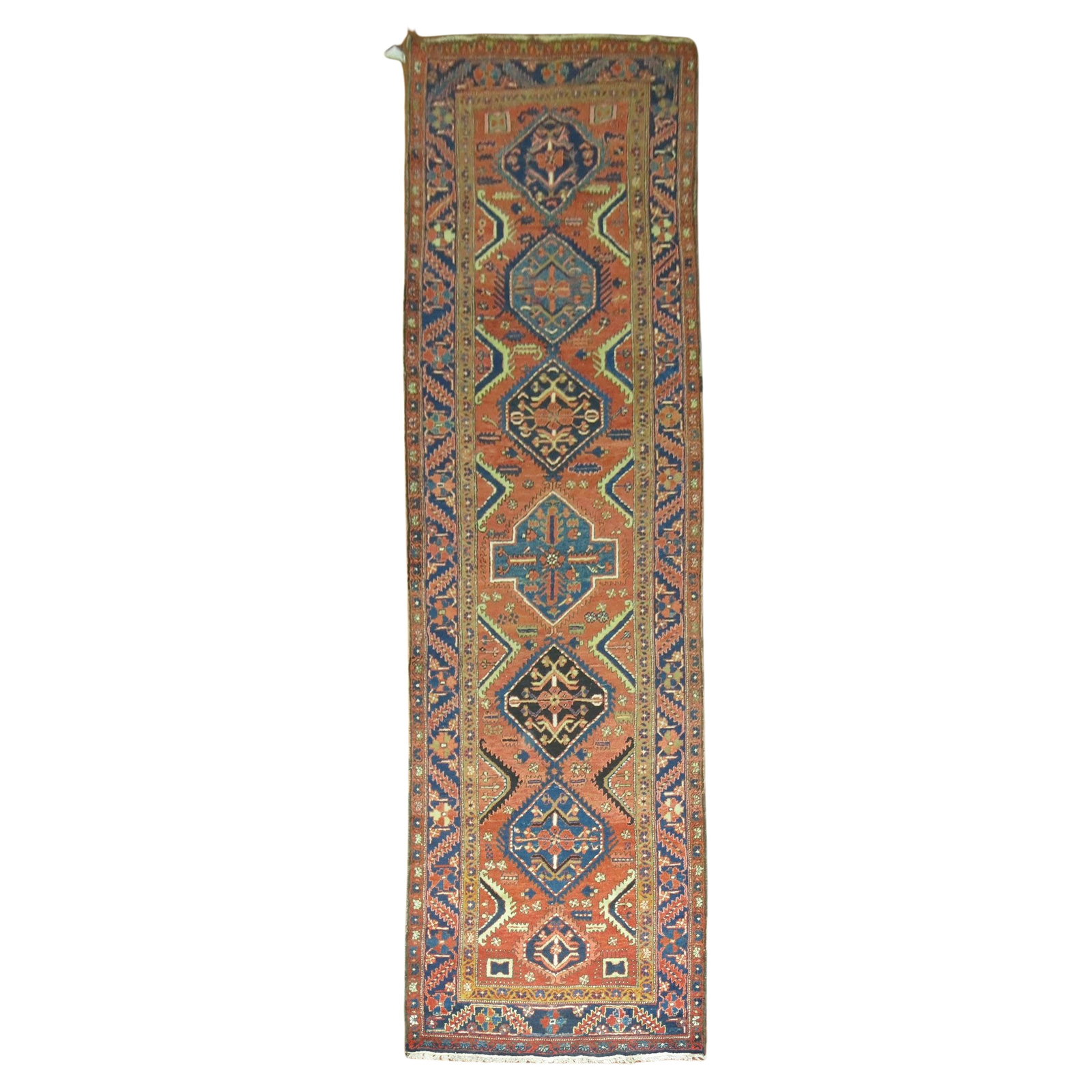 Zabihi Collection Persian Heriz Geometric Wool Runner 46 x 177 in: Zabihi Collection Persian Heriz Geometric Wool Runner 46 x 177 in Discover the exquisite beauty of this long and wide Persian Heriz geometric runner from the Zabihi Collection. Crafted from high-quali