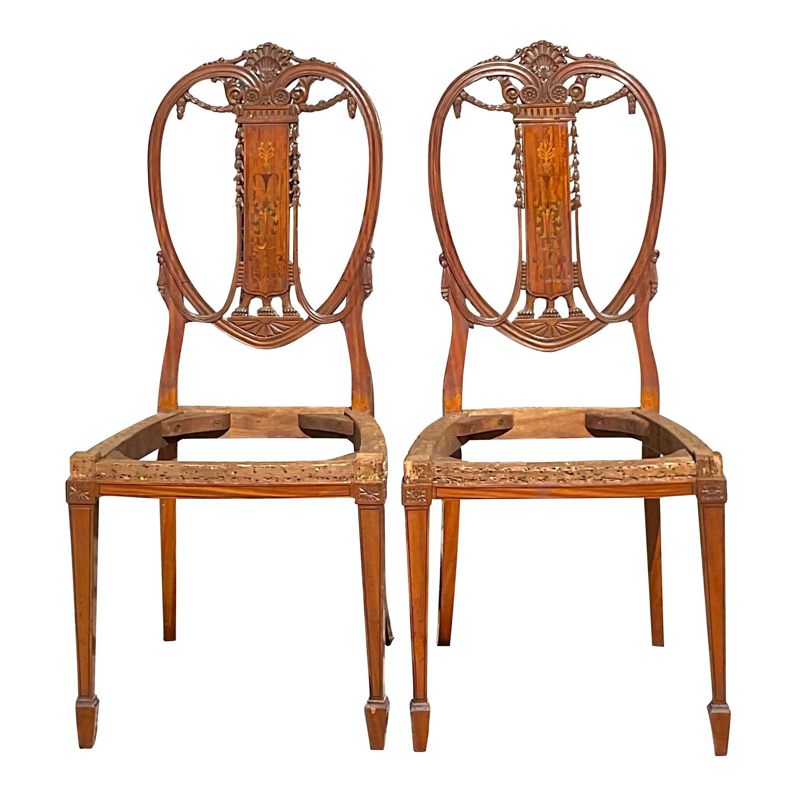 Vintage Regency Pair of Balloon Back Dining Chairs with Marquetry Detail: Vintage Regency Pair of Balloon Back Dining Chairs with Marquetry Detail This elegant pair of vintage Regency Balloon back dining chairs boasts exquisite hand-carved swags and chic inlay marquetry det