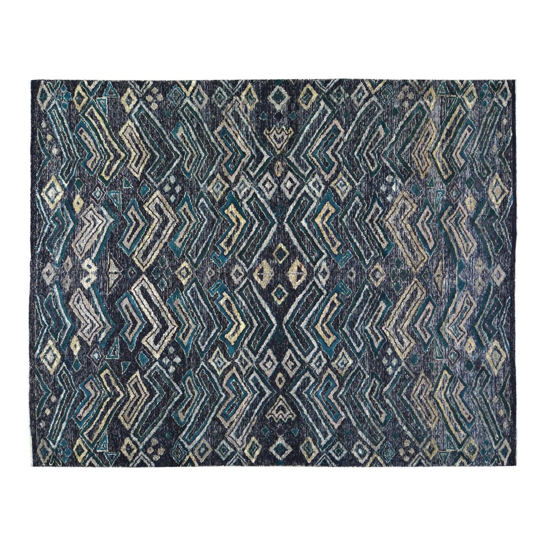 Teal Wool Area Rug Hand Knotted Moroccan Style 8'x10'1": Teal Wool Area Rug Hand Knotted Moroccan Style 8'x10'1" This Moroccan hand-knotted wool rug is crafted using traditional techniques, combining timeless craftsmanship with a modern design sensibility. 