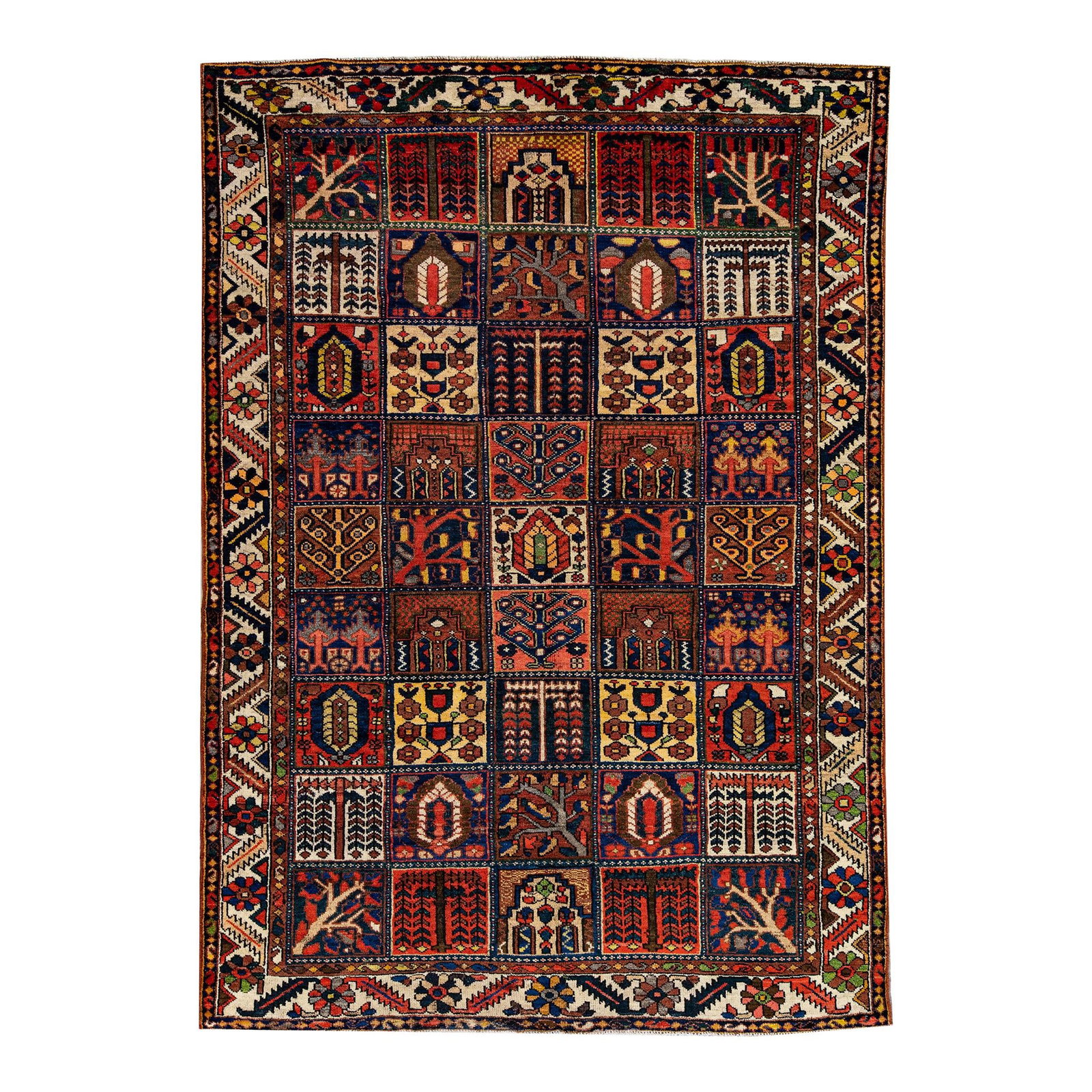Vintage Hand-Knotted Bakhtiari Wool Rug Red Geometric Design 6'10" x 9'10": Vintage Hand-Knotted Bakhtiari Wool Rug Red Geometric Design 6'10" x 9'10" Add a touch of elegance to your space with this stunning Vintage Bakhtiari hand-knotted wool rug, featuring a vibrant red fie
