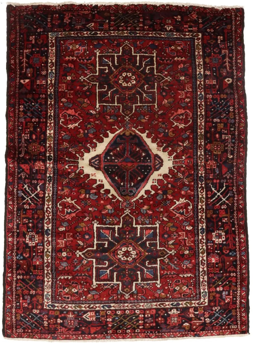 Vintage Tribal Geometric Wool Rug 4'6 x 6'3 Hand-Knotted Western Asia: Vintage Tribal Geometric Wool Rug 4'6 x 6'3 Hand-Knotted Western Asia This semi-antique Oriental rug features a hand-knotted wool construction with a geometric tribal pattern in shades of red, plum, c