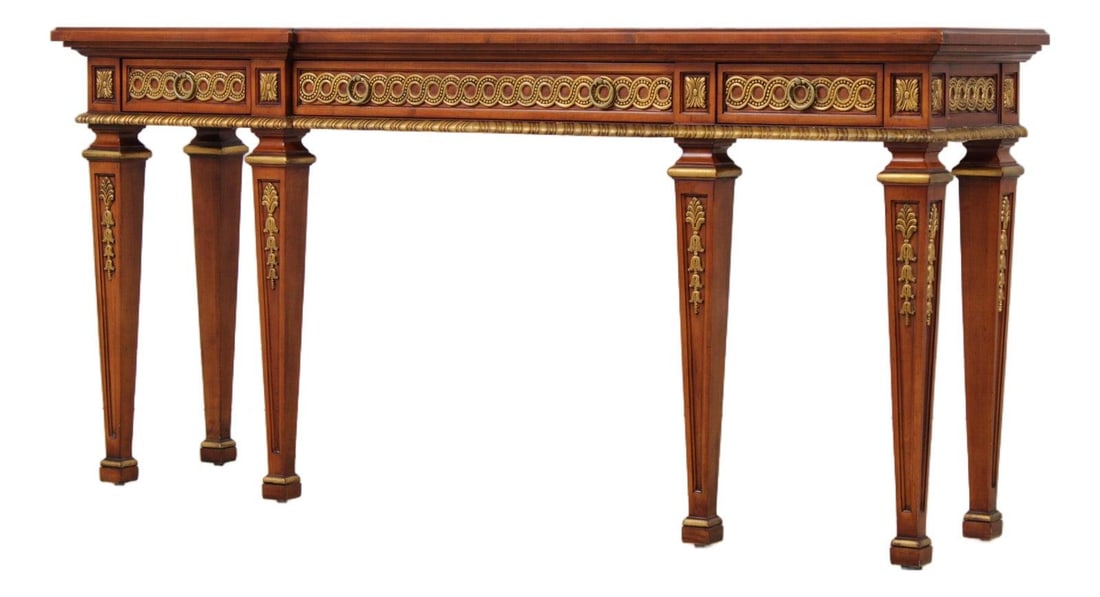 Italian Style Inlaid Wood Console Table with Gold Gilt and Brass Hardware (1 of 10)
