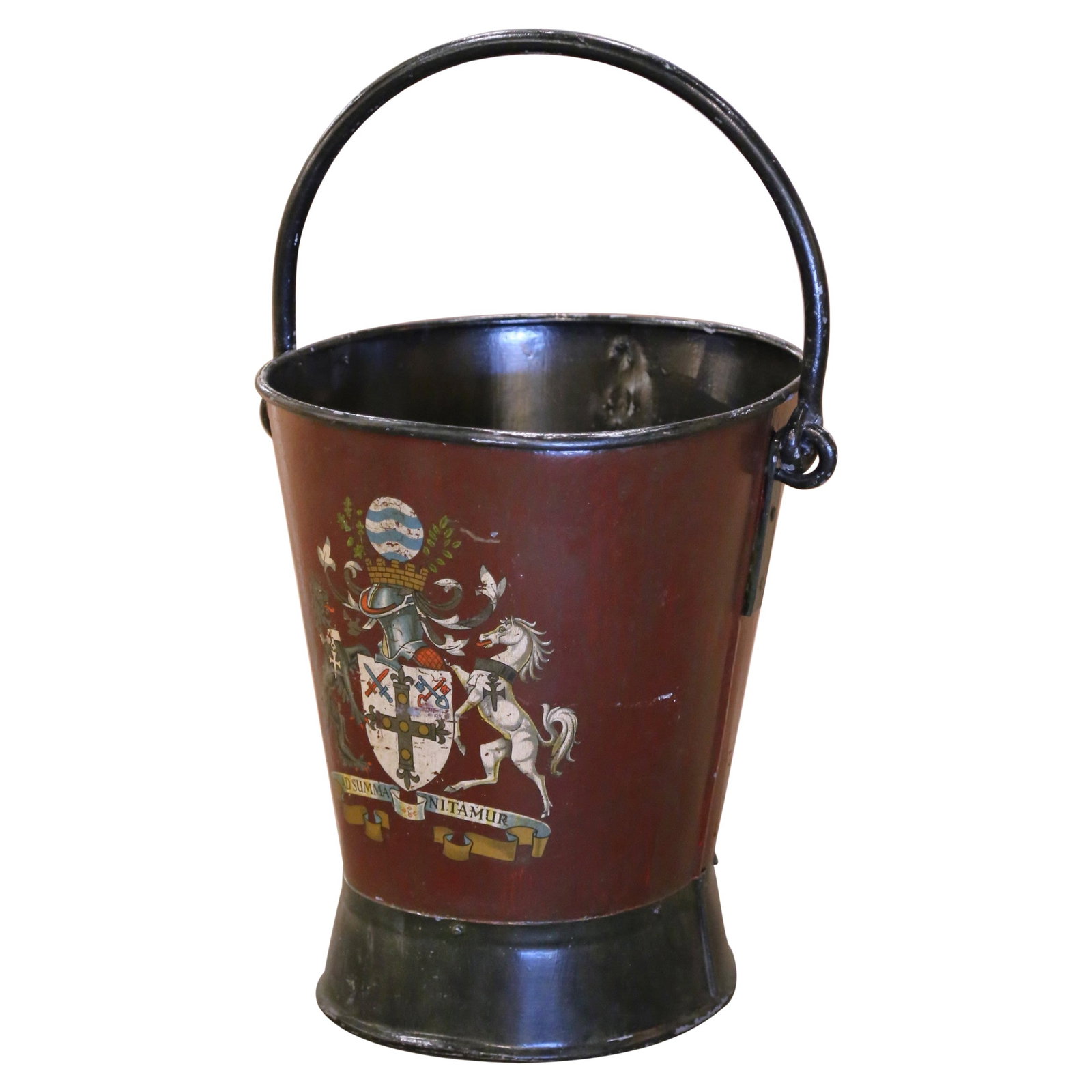 Antique English Hand-Painted Iron Fire Coal Bucket with Crest 1930: Antique English Hand-Painted Iron Fire Coal Bucket with Crest 1930 This exquisite early 20th century English hand-painted iron fire or coal bucket is a stunning decorative piece, perfect for adding ch