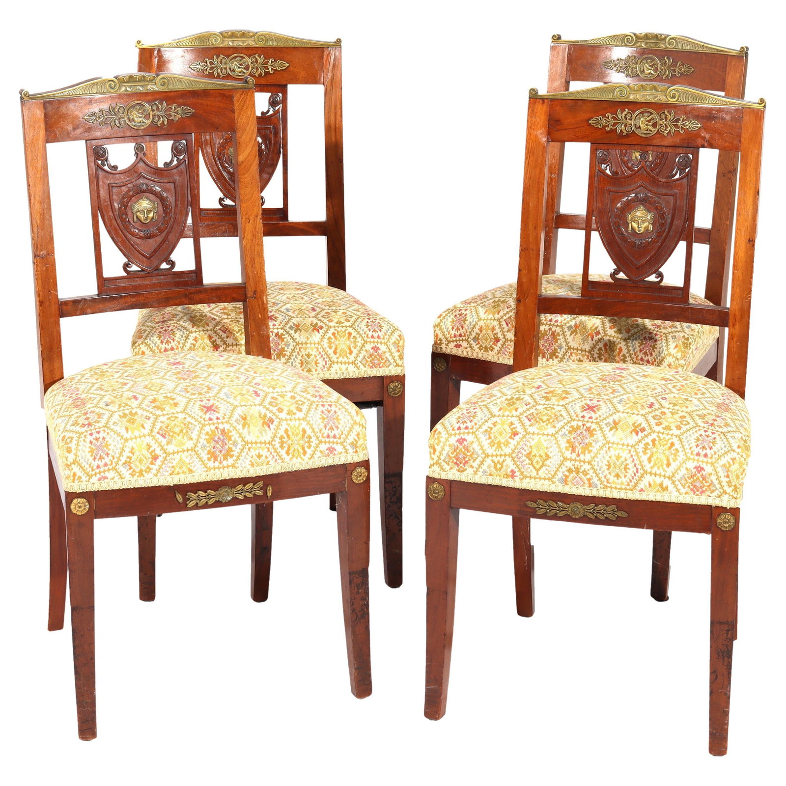Set of 4 Antique French Empire Kingwood Ormolu Dining Chairs 19th Century: Set of 4 Antique French Empire Kingwood Ormolu Dining Chairs 19th Century Enhance your dining experience with this exquisite set of four Antique French Empire dining chairs, crafted from rich kingwood