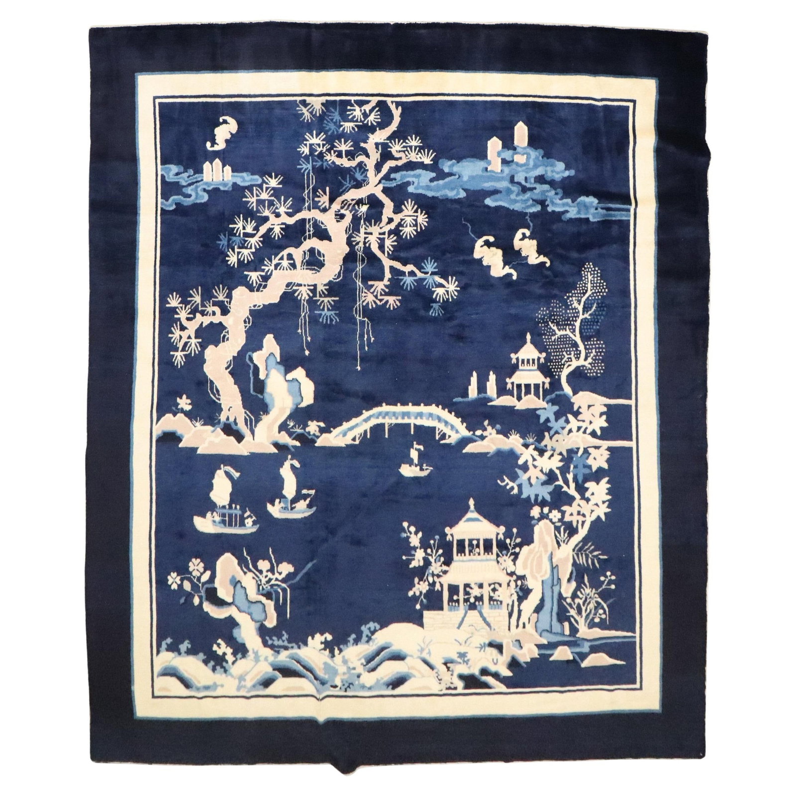 Vintage Navy Hand-Woven Chinese Peking Square Rug 101 x 110 in: Vintage Navy Hand-Woven Chinese Peking Square Rug 101 x 110 in Enhance your space with this stunning vintage Chinese square Peking rug, crafted from high-quality wool and hand-woven with meticulous at