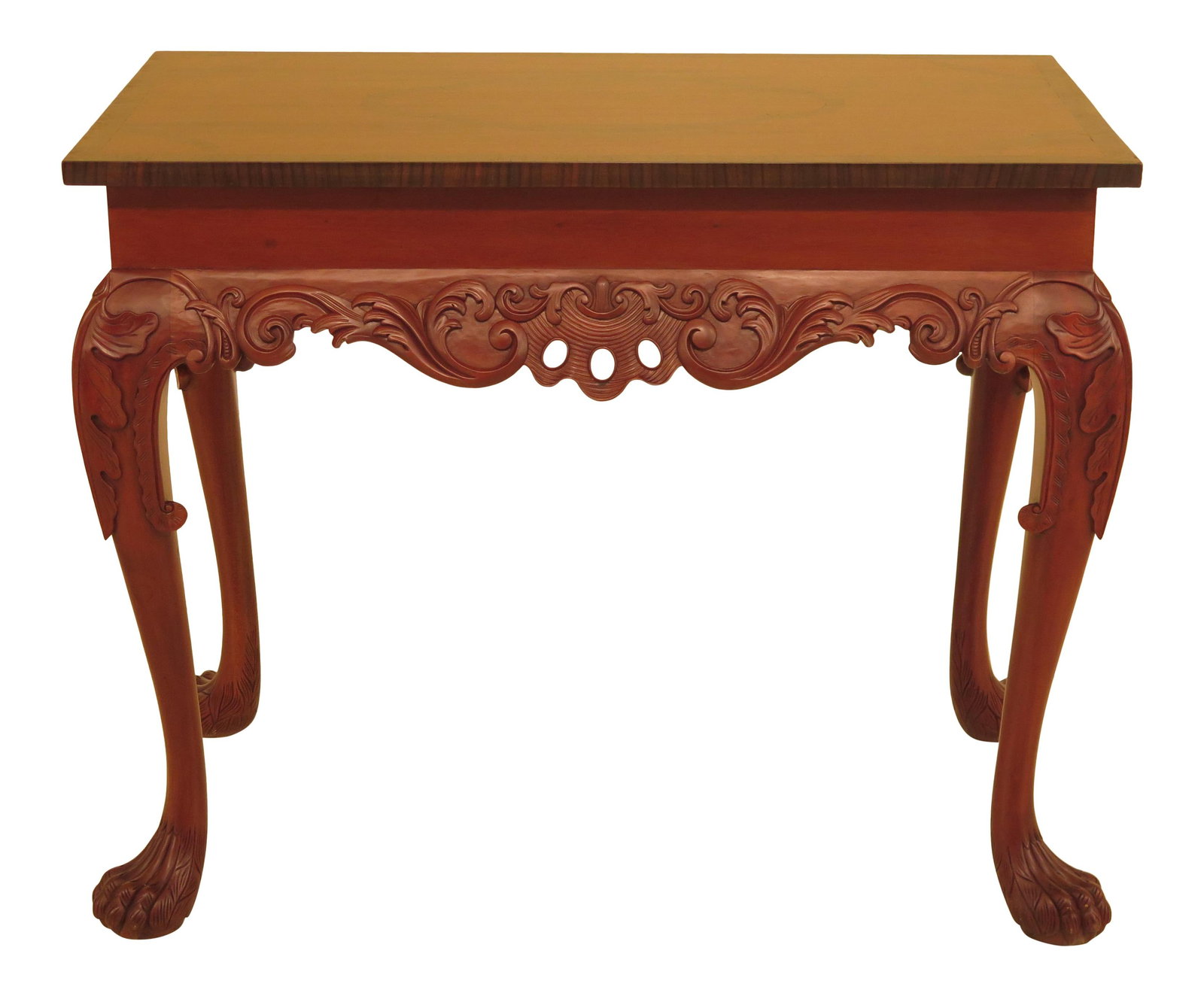 1980s Georgian Mahogany Hall Table with Paw Feet and Inlaid Top: 1980s Georgian Mahogany Hall Table with Paw Feet and Inlaid Top This elegant Georgian style hall table from the 1980s showcases exquisite craftsmanship with its carved skirt and distinctive paw feet. 