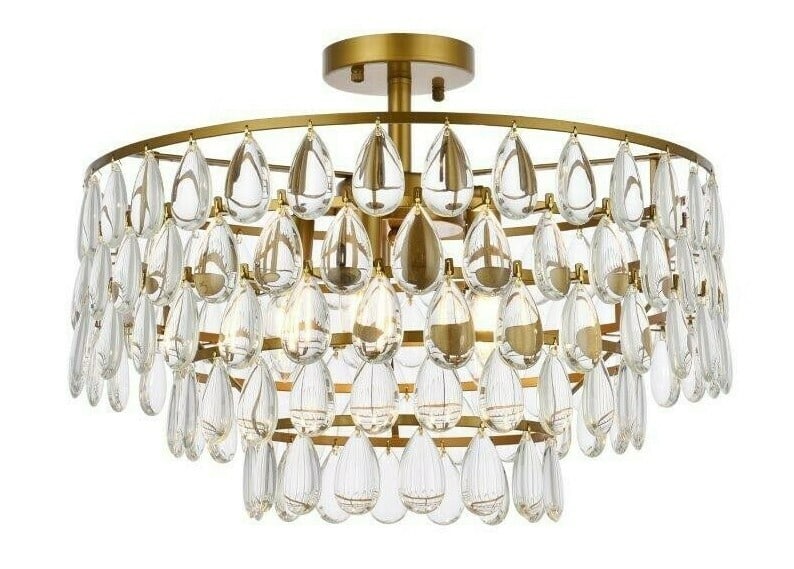 Mila Brass Crystal 3-Light Semi Flush Mount Chandelier by Living District: Mila Brass Crystal 3-Light Semi Flush Mount Chandelier by Living District This modern flush mount chandelier features three lights and a round design with high-quality crystal or glass drops and a bra