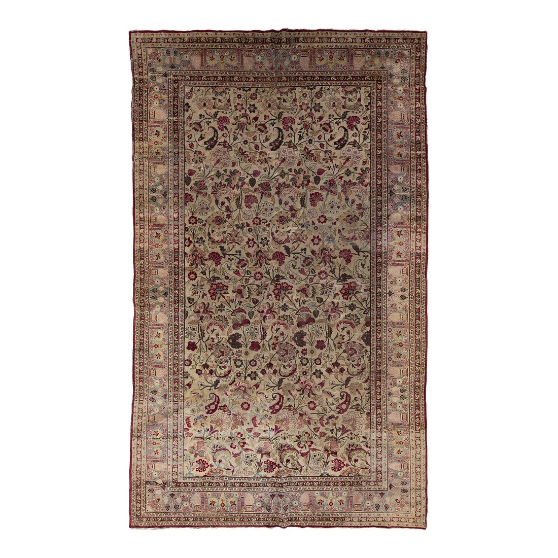 Antique Persian Mashad Wool Rug Beige Floral Design 9'6 x 16: Antique Persian Mashad Wool Rug Beige Floral Design 9'6 x 16 Enhance your space with this exquisite antique Mashad hand-knotted wool rug. The rug features a soft beige field complemented by a captivat