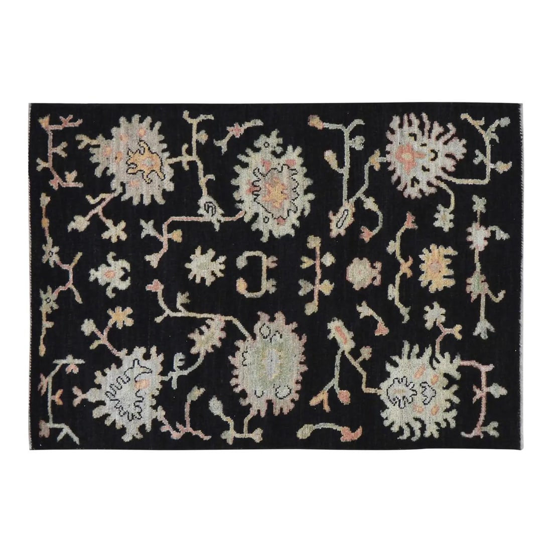 Handmade Wool Area Rug in Oushak Style 5'1 x 6'8: Handmade Wool Area Rug in Oushak Style 5'1 x 6'8 This Turkish Oushak rug is hand-knotted from wool using traditional techniques, offering a blend of timeless craftsmanship and modern design. Its soft,