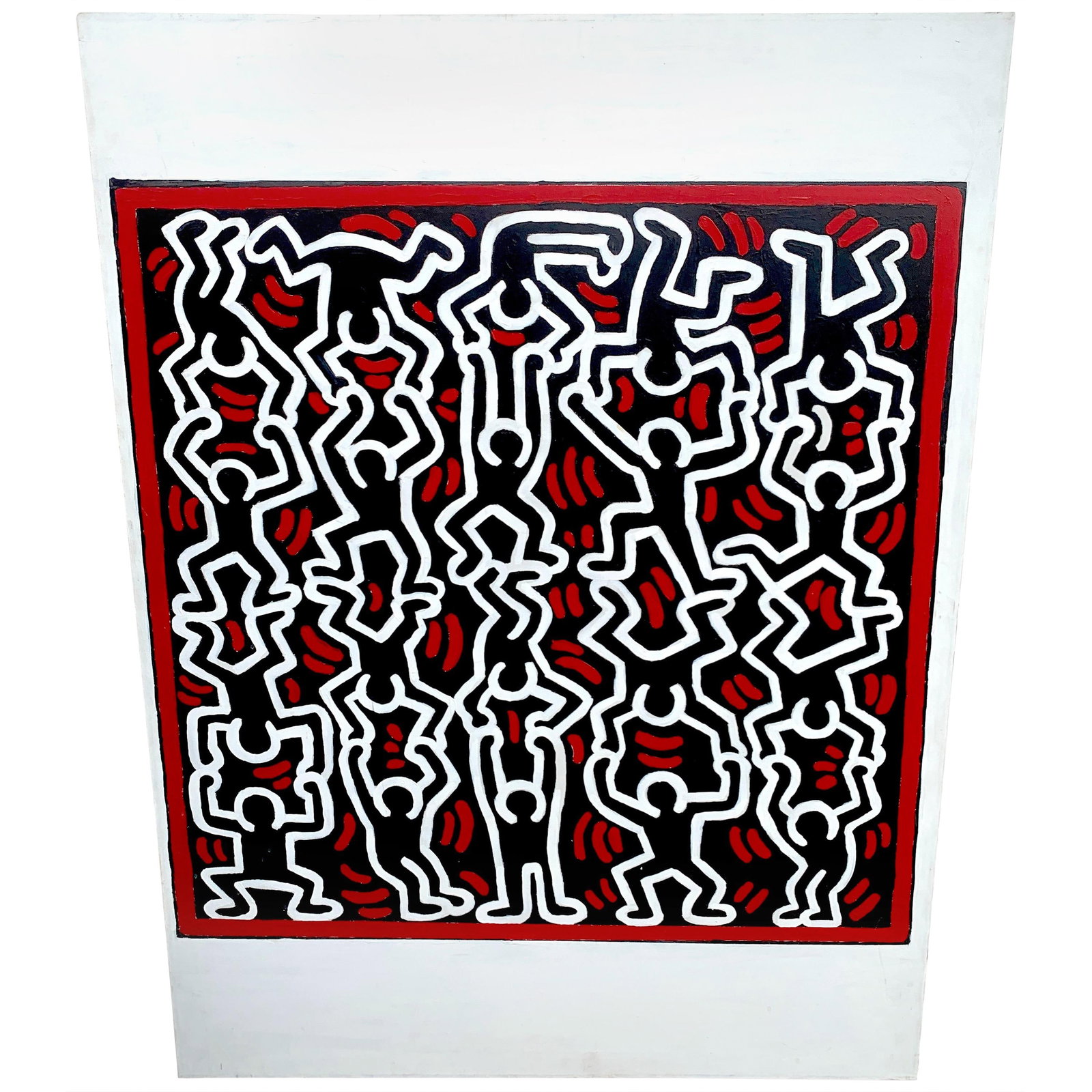 Vintage Hand-Painted Canvas Artwork After Keith Haring 48 x 36 Modern Style: Vintage Hand-Painted Canvas Artwork After Keith Haring 48 x 36 Modern Style This captivating piece, titled 'Untitled, After Keith Haring', showcases a striking modern style with vibrant, hand-painted 