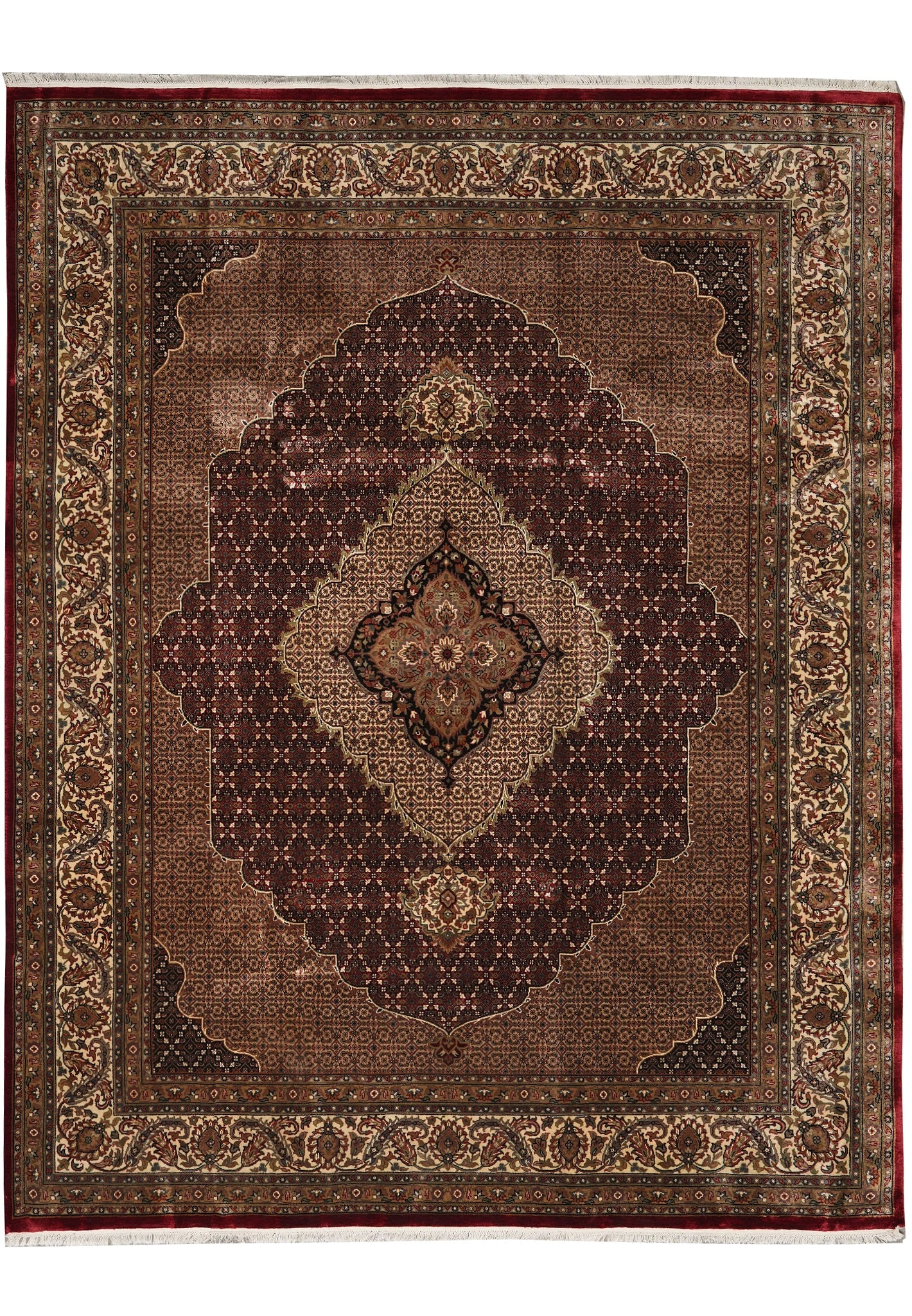 8.1 x 10.1 Handmade Tabriz Mahi Wool Silk Ruby Burgundy Area Rug: 8.1 x 10.1 Handmade Tabriz Mahi Wool Silk Ruby Burgundy Area Rug Free continental US Shipping This handmade area rug from Tabriz, Iran, showcases the classic Mahi (fish/Herati) pattern, renowned for i