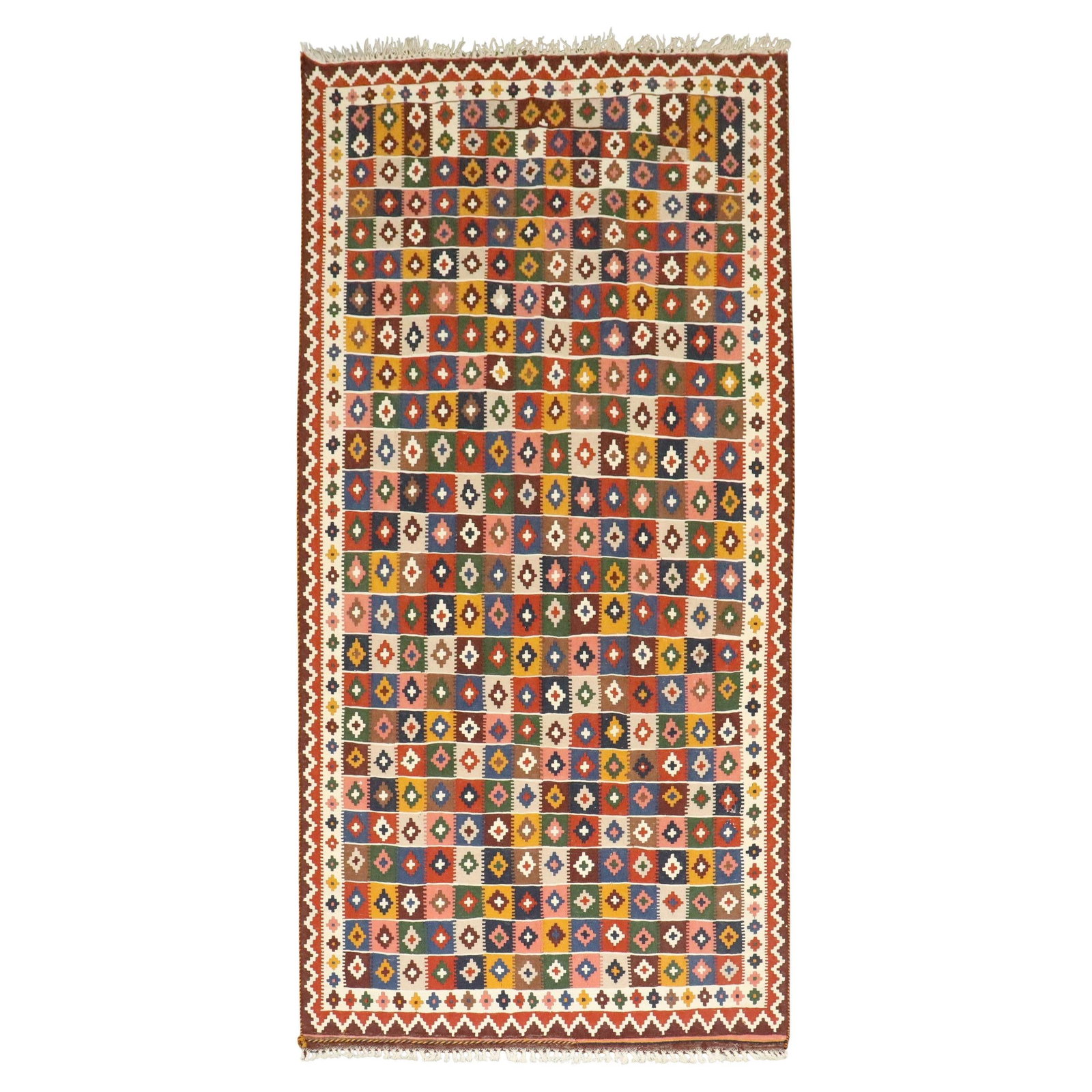 Vintage Persian Qaushgai Kilim 5' x 9'5" Hand-Knotted Wool Rug: Vintage Persian Qaushgai Kilim 5' x 9'5" Hand-Knotted Wool Rug Discover the beauty of the Zabihi Collection Vintage Persian Qaushgai Kilim, a stunning mid-20th-century rug that showcases vibrant color