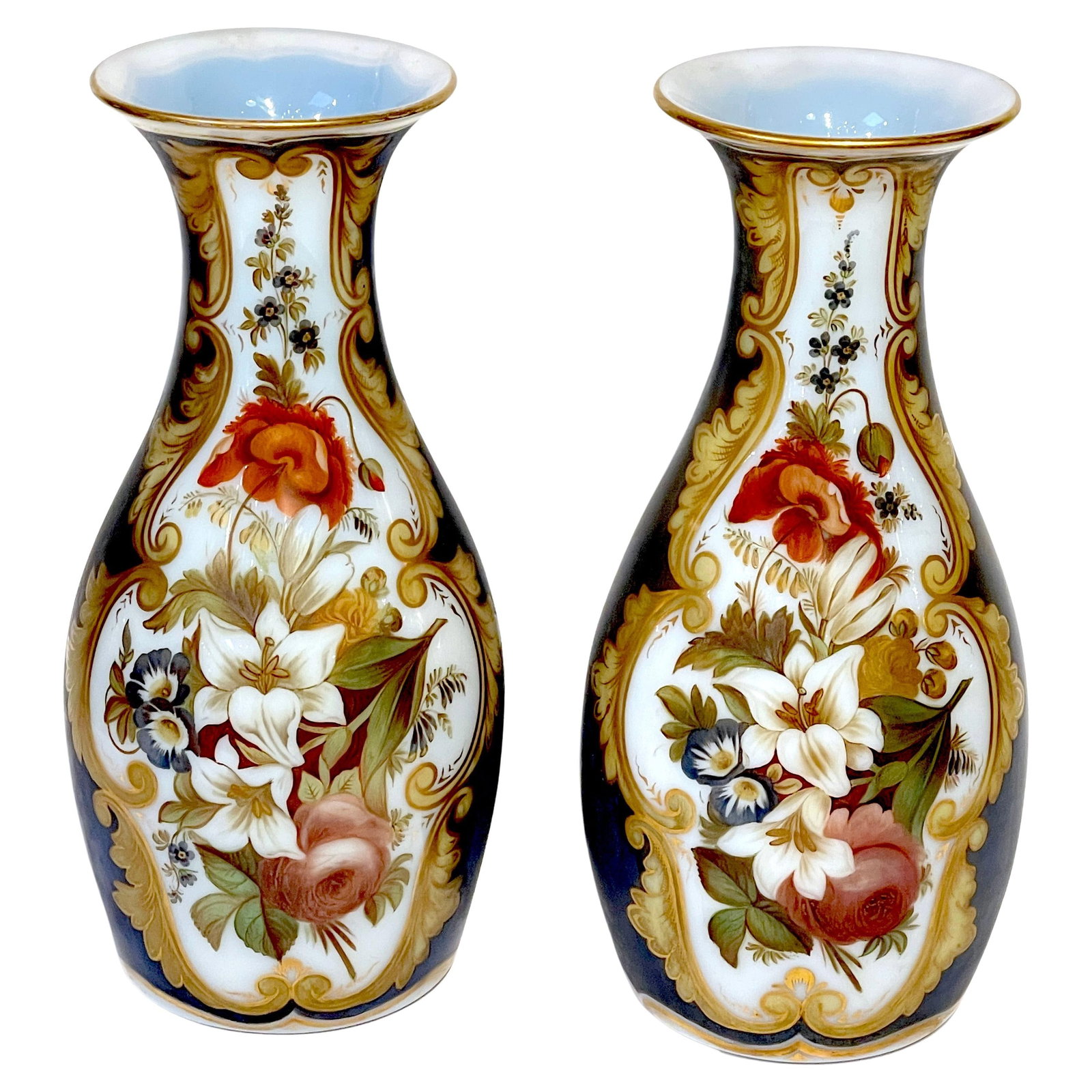 Set of 2 Opaline Floral Vases Attributed to Jean Francois Robert Baccarat: Set of 2 Opaline Floral Vases Attributed to Jean Francois Robert Baccarat Enhance your decor with this exquisite Pair of Opaline Floral Vases, attributed to the esteemed 19th-century French enamellist