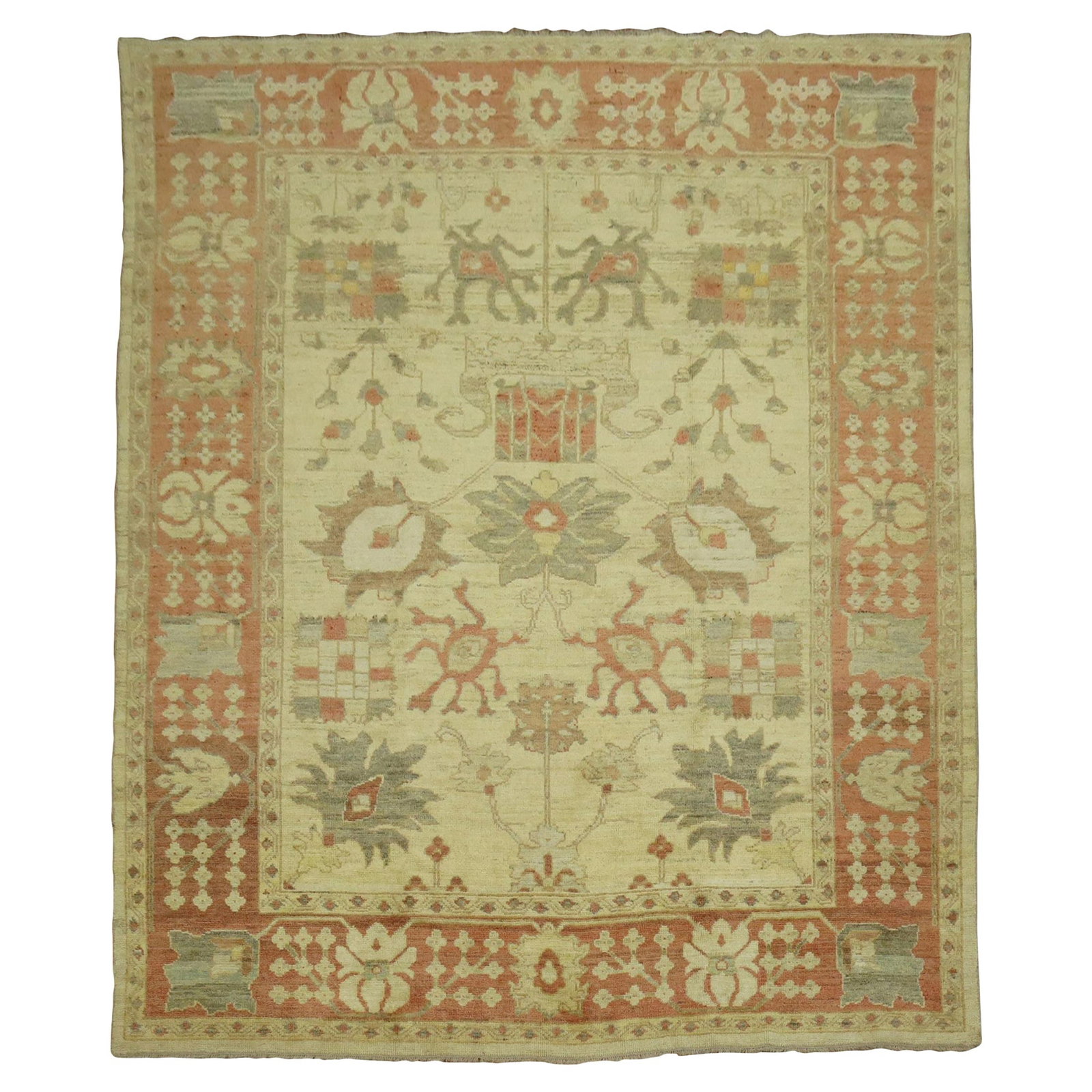 Zabihi Collection Hand-Woven Vintage Inspired Turkish Oushak Rug 118 x 141: Zabihi Collection Hand-Woven Vintage Inspired Turkish Oushak Rug 118 x 141 Experience the charm of vintage aesthetics with this Zabihi Collection Vintage Inspired Turkish Oushak rug. Measuring 9'10'' 