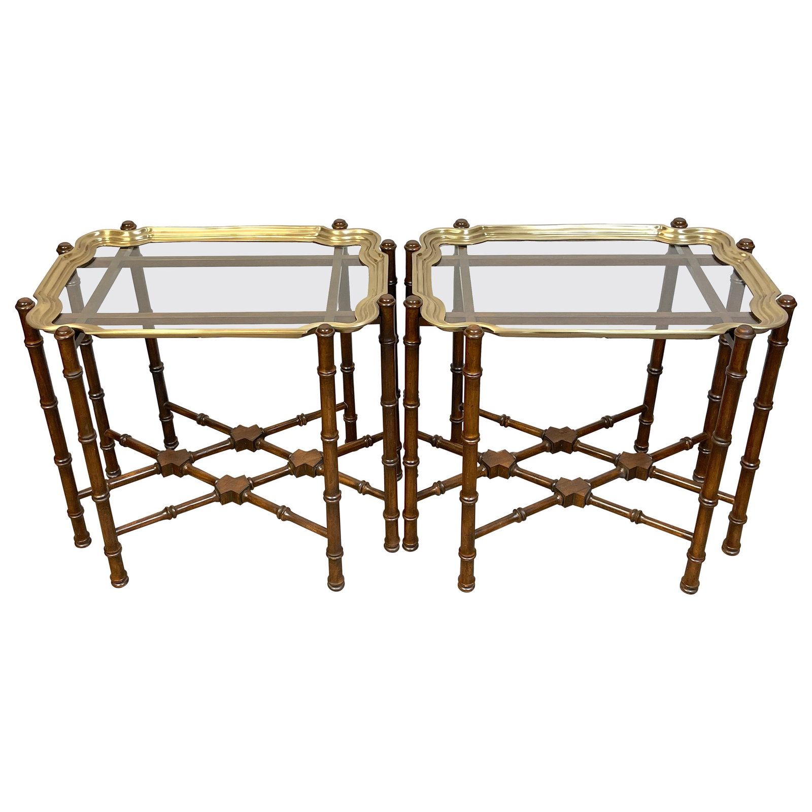 Vintage Baker Campaign Style Brass & Mahogany Coffee Table Set of 2: Vintage Baker Campaign Style Brass & Mahogany Coffee Table Set of 2 Discover this exquisite pair of Campaign style coffee tables or end tables crafted from brass and mahogany, attributed to the renown