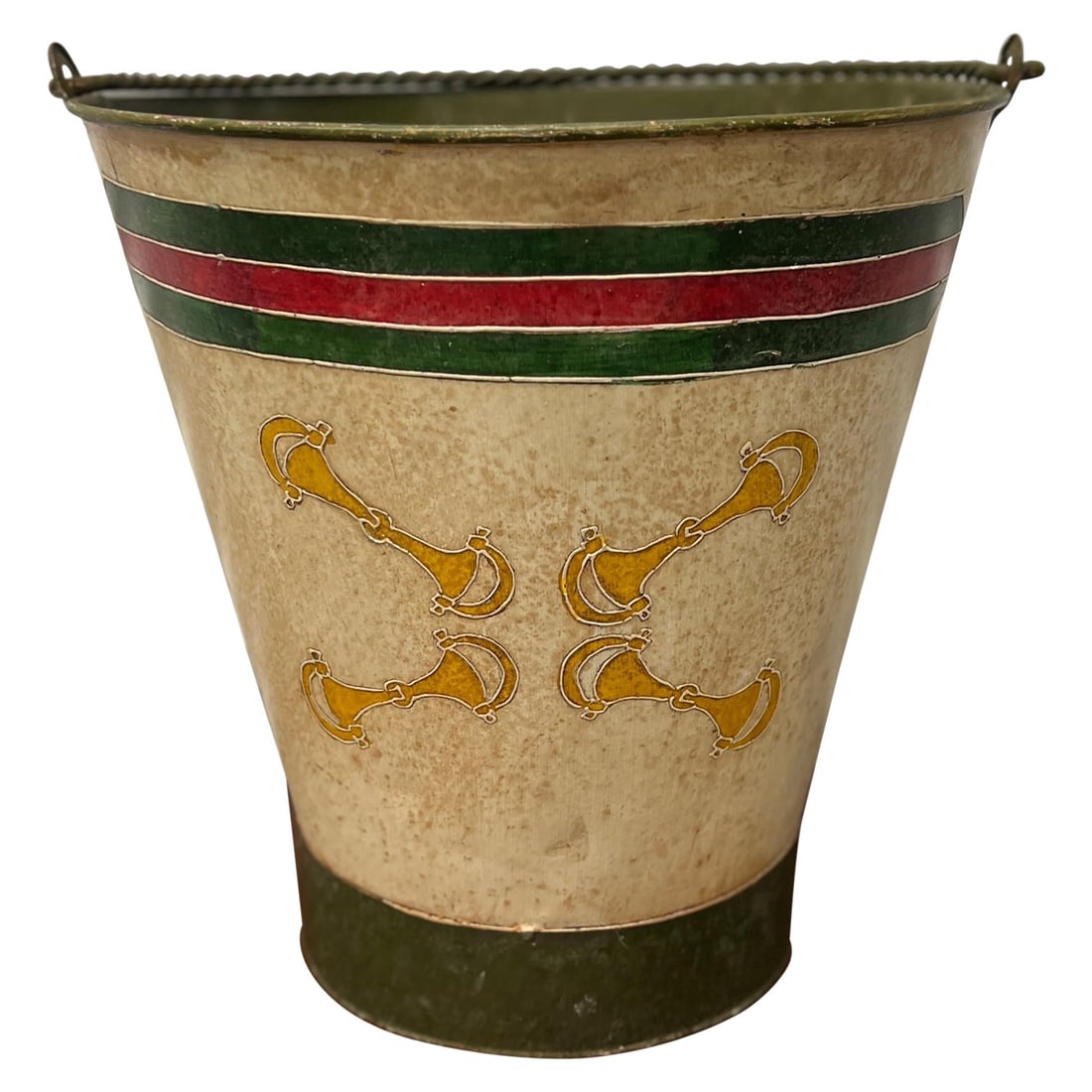 Vintage Hand Painted Bucket Trash Can Gucci Style 20th Century: Vintage Hand Painted Bucket Trash Can Gucci Style 20th Century Discover a unique vintage find with this hand-painted bucket or trash can that embodies the iconic style reminiscent of Gucci. Measuring 