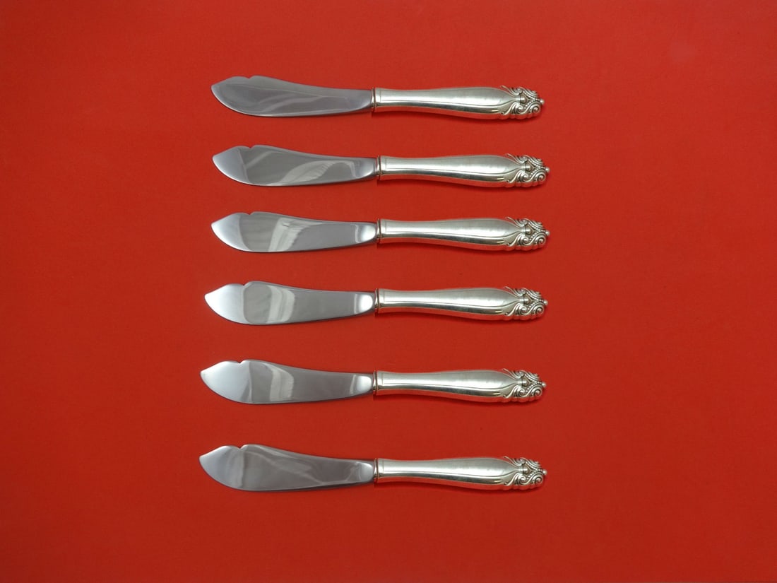 Wallace King Christian Sterling Silver 6pc Trout Knife Set Custom Made: Wallace King Christian Sterling Silver 6pc Trout Knife Set Custom Made This exquisite 6-piece trout knife set, crafted by Wallace in the King Christian pattern, features hollow handles made of sterlin