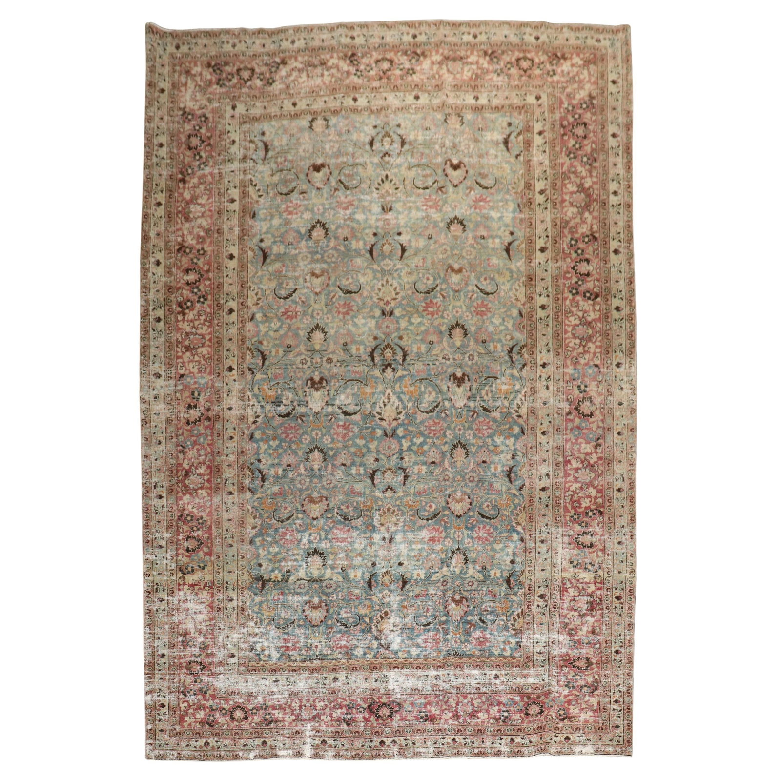 Antique Persian Meshed Rug from Zabihi Collection 8'9" x 12'6": Antique Persian Meshed Rug from Zabihi Collection 8'9" x 12'6" Experience the elegance of this Worn Antique Persian Meshed Rug, a captivating piece that embodies the charm of the Victorian style. Hand