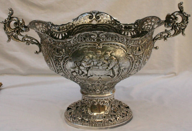 19th Century German Sterling Silver Basket Centerpiece 21": 19th Century German Sterling Silver Basket Centerpiece 21" Presenting a stunning 19th century German silver centerpiece basket, crafted from sterling silver. This exquisite original piece showcases re
