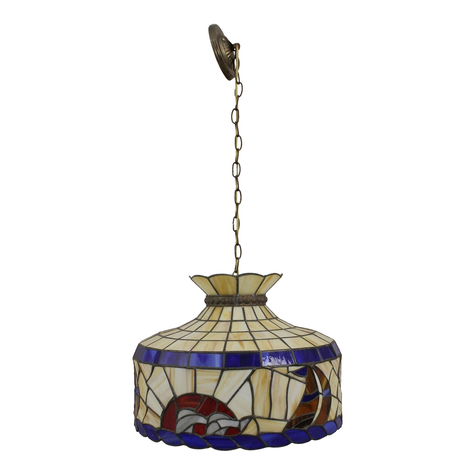 Vintage Tiffany Style Stained Glass Chandelier 18x18 Blue Red Earth Tones: Vintage Tiffany Style Stained Glass Chandelier 18x18 Blue Red Earth Tones Illuminate your space with this exquisite Vintage Tiffany Style Slag Stained Glass Chandelier. Crafted approximately 40 years 