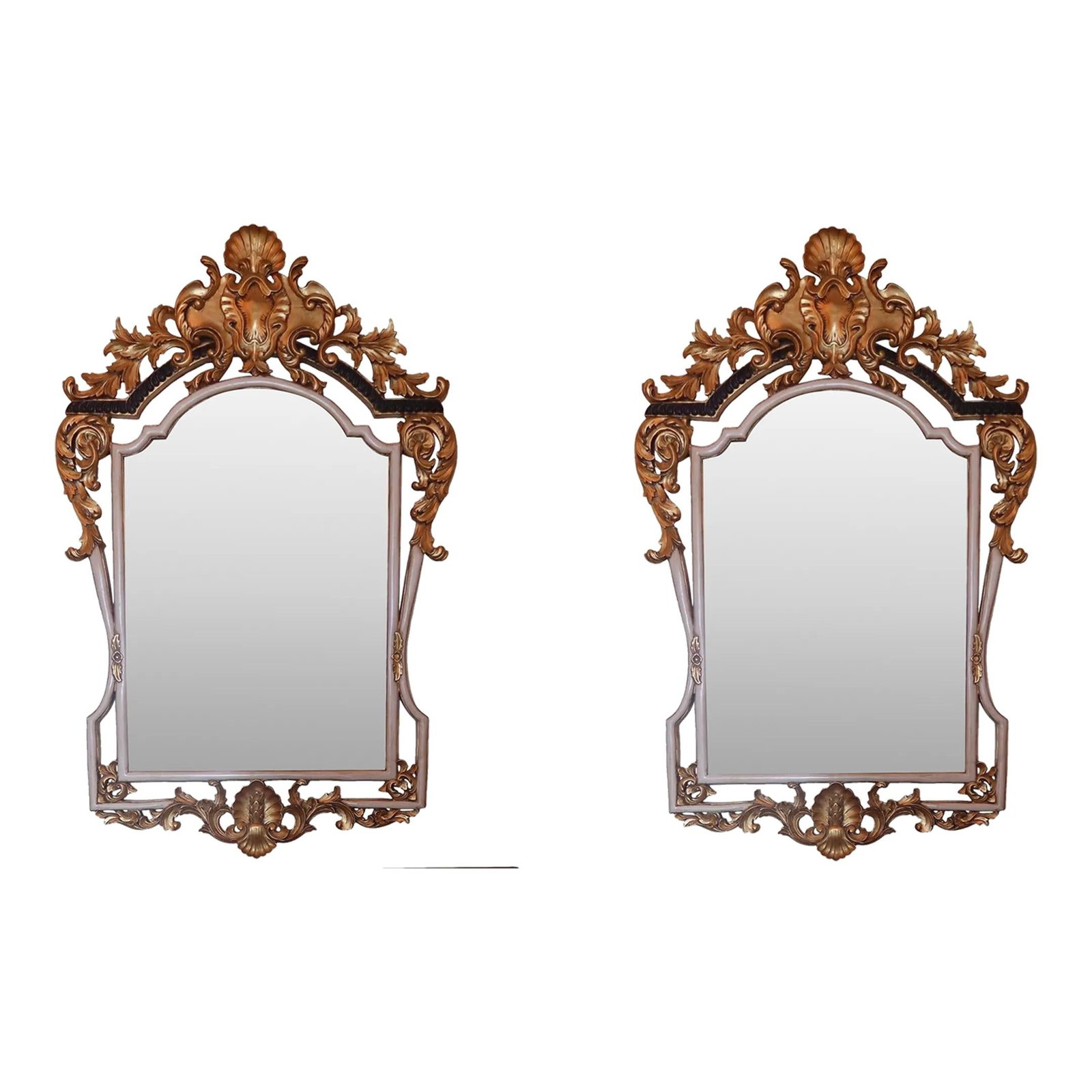 Elegant Pair of Louis XIV Style Mirrors with Gold Gilt Finish: Elegant Pair of Louis XIV Style Mirrors with Gold Gilt Finish This exquisite pair of French Louis XIV style mirrors showcases a timeless design with finely carved wood frames. Each mirror features bev