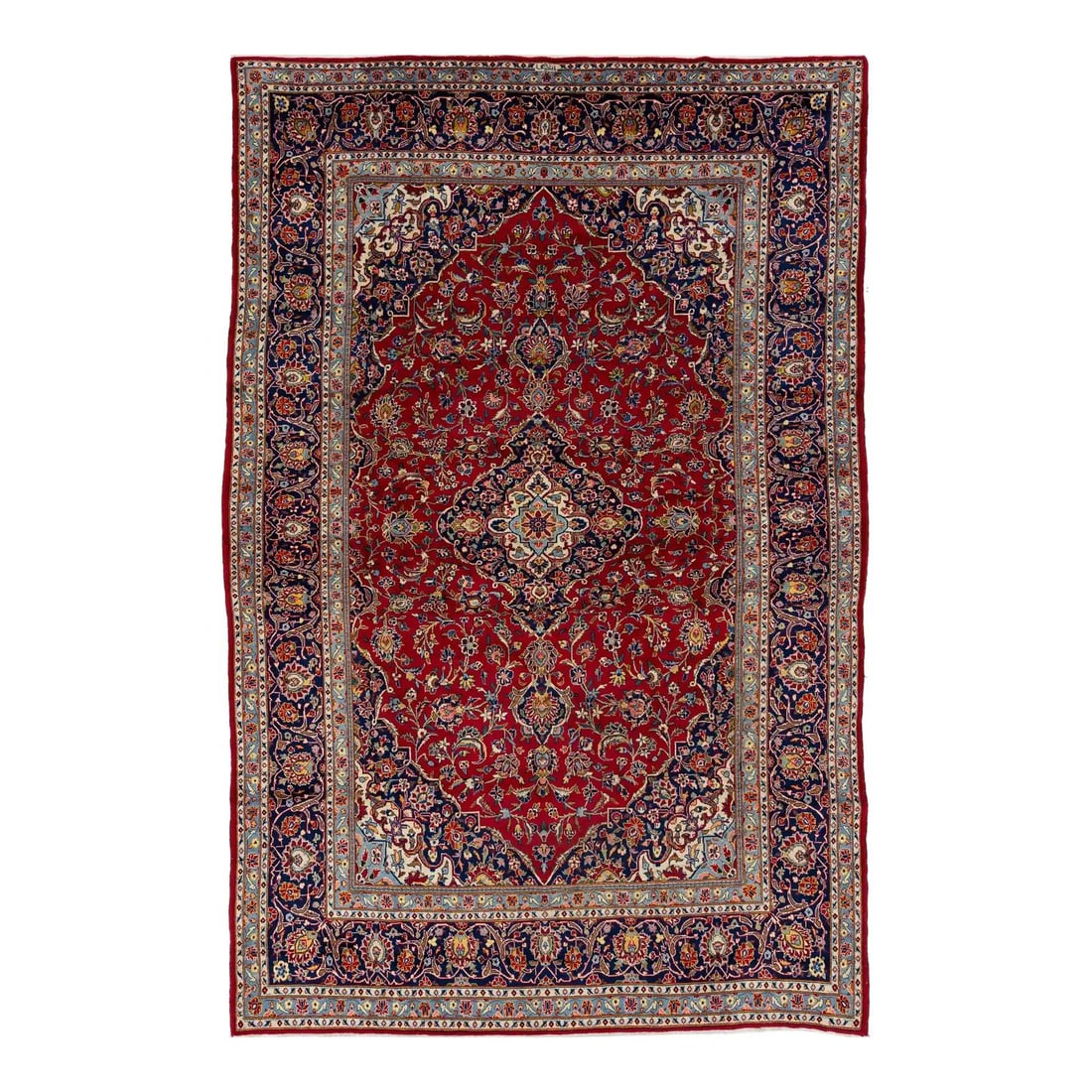 Vintage Persian Kashan Medallion Wool Rug 7'10 x 12'2 Red: Vintage Persian Kashan Medallion Wool Rug 7'10 x 12'2 Red Experience the elegance of this Vintage Persian Kashan Medallion Wool Rug, featuring a stunning vibrant red field enriched with a floral desig