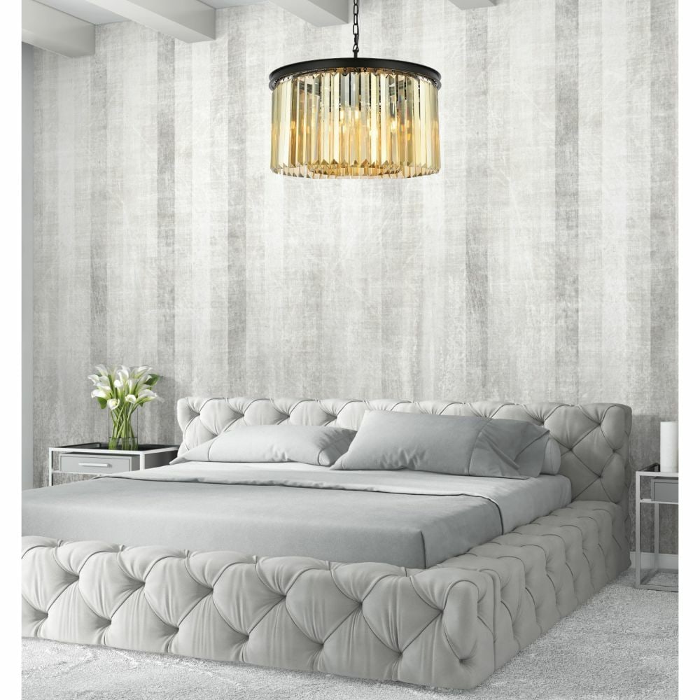 Sydney 8-Light Pendant Chandelier With Golden Teak Crystals and Matte Black Finish 26in: Sydney 8-Light Pendant Chandelier With Golden Teak Crystals and Matte Black Finish 26in This modern chandelier features a matte black frame adorned with high-quality golden teak royal cut crystals, of