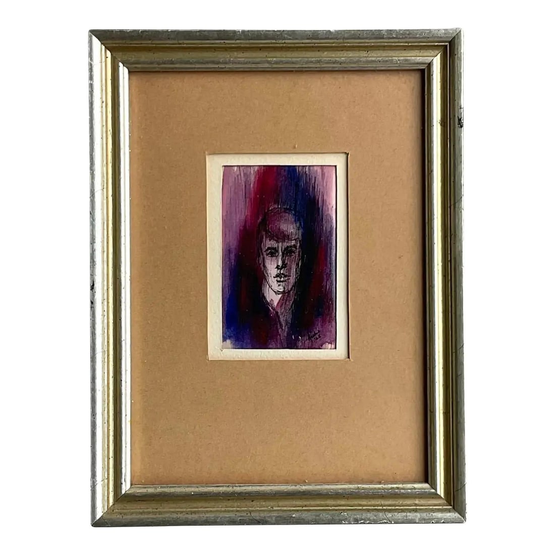 Framed Watercolor Portrait of Man in Modern Vintage Style: Framed Watercolor Portrait of Man in Modern Vintage Style This vintage modern watercolor portrait painting features a man rendered in a captivating palette of deep purples, blues, and reds. The artist