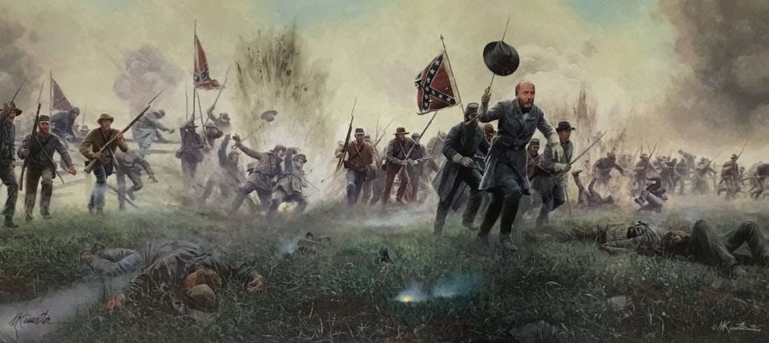 Mort Kunstler Limited Edition Giclee On They Came with Flags Flying Signed: Mort Kunstler Limited Edition Giclee On They Came with Flags Flying Signed This striking giclee print titled "On They Came with Flags Flying" by renowned artist Mort Kunstler captures a poignant momen