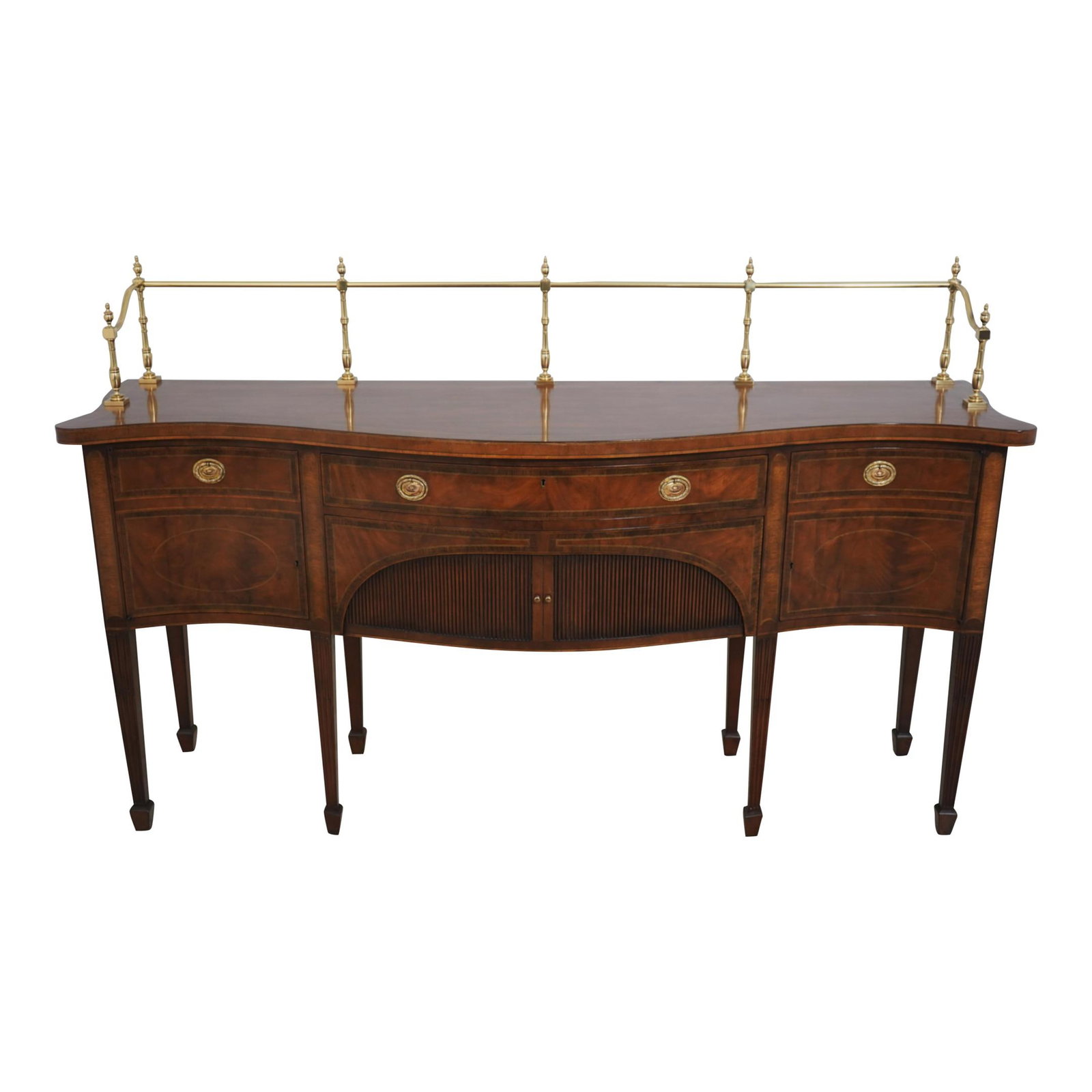 Smith & Watson Mahogany Federal Sideboard C.1976 with Brass Gallery: Smith & Watson Mahogany Federal Sideboard C.1976 with Brass Gallery This stunning Mahogany Federal Sideboard, crafted around 1976, showcases exceptional quality with felt-lined drawers and dovetailed 