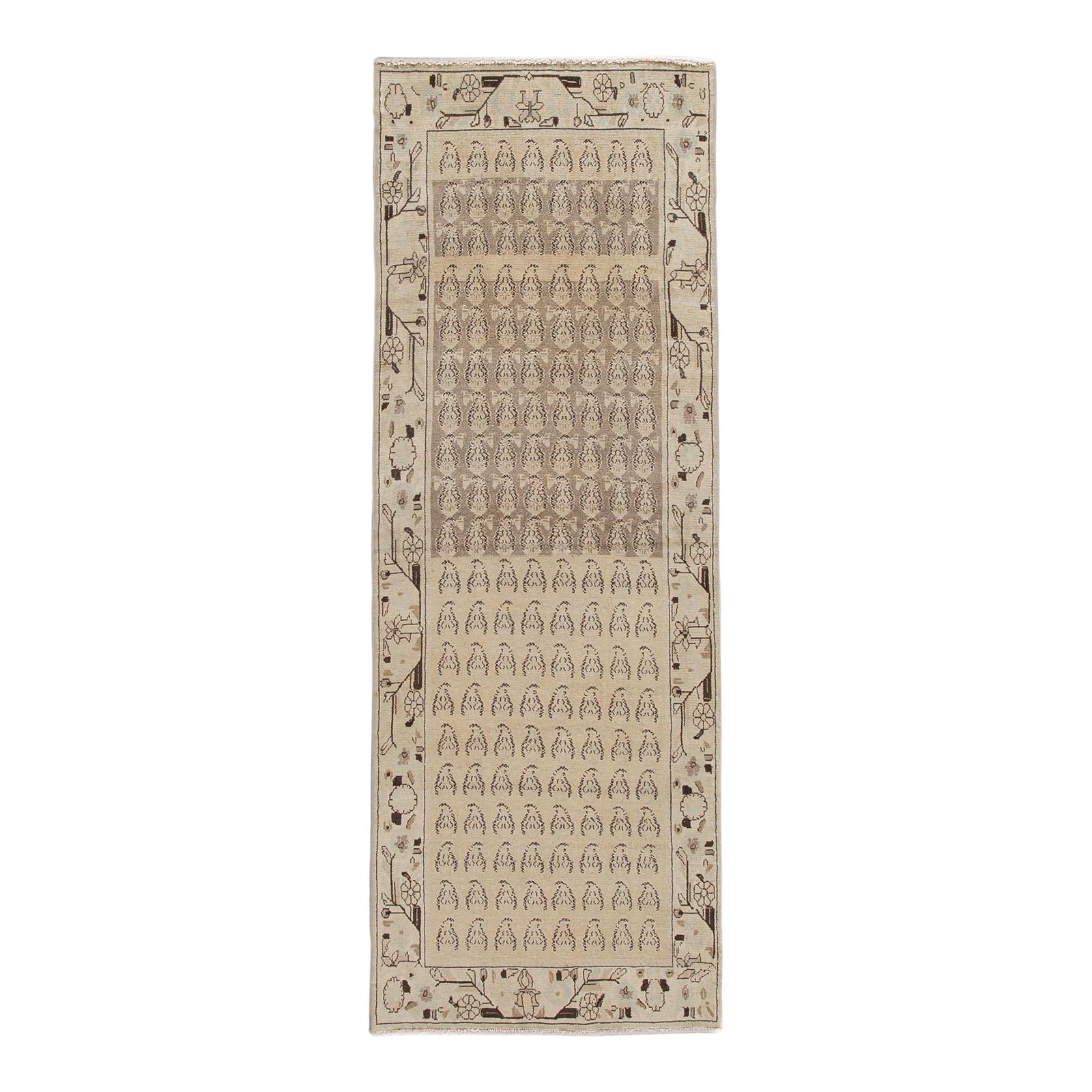 Vintage Persian Wool Runner Beige Geometric Design 3'4 X 9'5: Vintage Persian Wool Runner Beige Geometric Design 3'4 X 9'5 This exquisite Vintage Persian handmade wool runner features a beautiful beige field adorned with a striking all-over geometric pattern in 