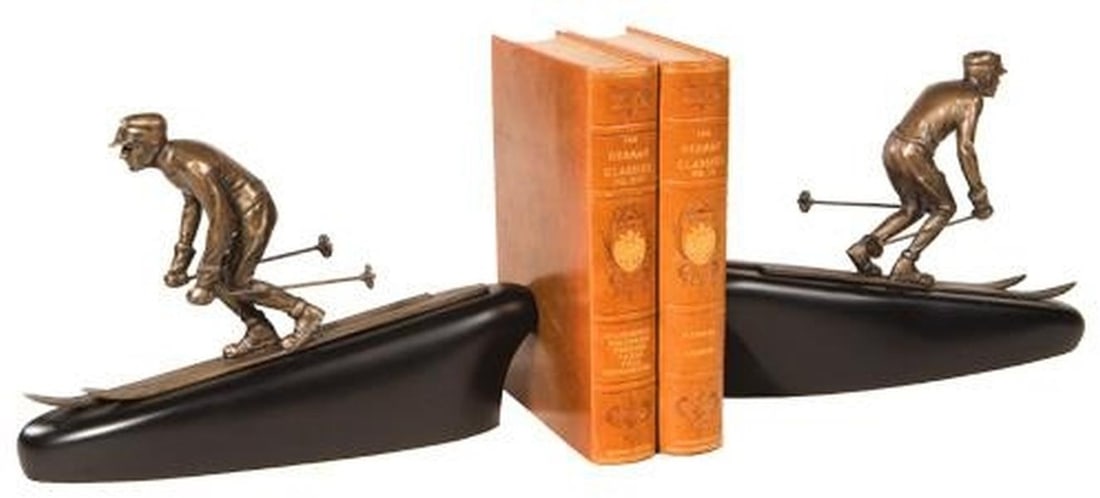 Brass Ebony Skiing Bookends Lodge Style Hand-Cast Decor (1 of 1)