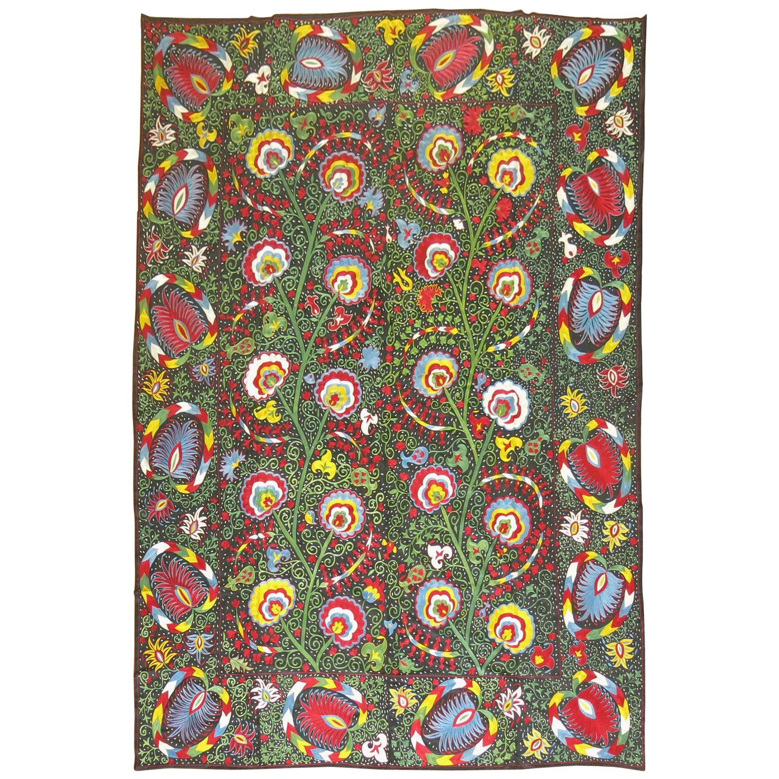 Vintage Inspired Uzbek Suzani Embroidery Cotton Textile 6'4" x 8'8": Vintage Inspired Uzbek Suzani Embroidery Cotton Textile 6'4" x 8'8" This stunning hand-embroidered Suzani textile showcases the vibrant colors and intricate designs characteristic of traditional Uzbek