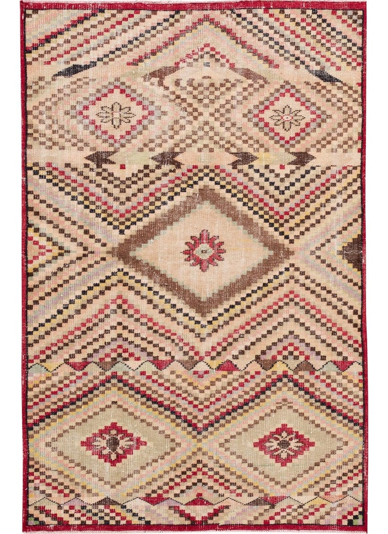 Vintage Turkish Hand-Knotted Wool Rug 4'4" x 7' Geometric Design: Vintage Turkish Hand-Knotted Wool Rug 4'4" x 7' Geometric Design Enhance your space with this beautiful Vintage Turkish rug, expertly hand-knotted from luxurious wool. Featuring a stunning multi-color