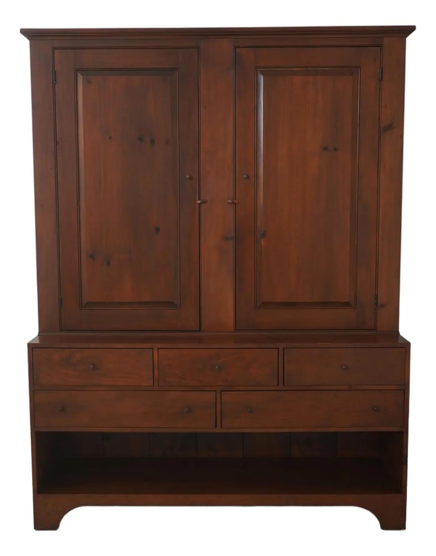 Rustic Pine Linen Press Cabinet With Five Drawers And Raised Panel Doors: Rustic Pine Linen Press Cabinet With Five Drawers And Raised Panel Doors This vintage pine linen press by Simms and Thayer features a rustic country style with traditional raised panel doors and dovet