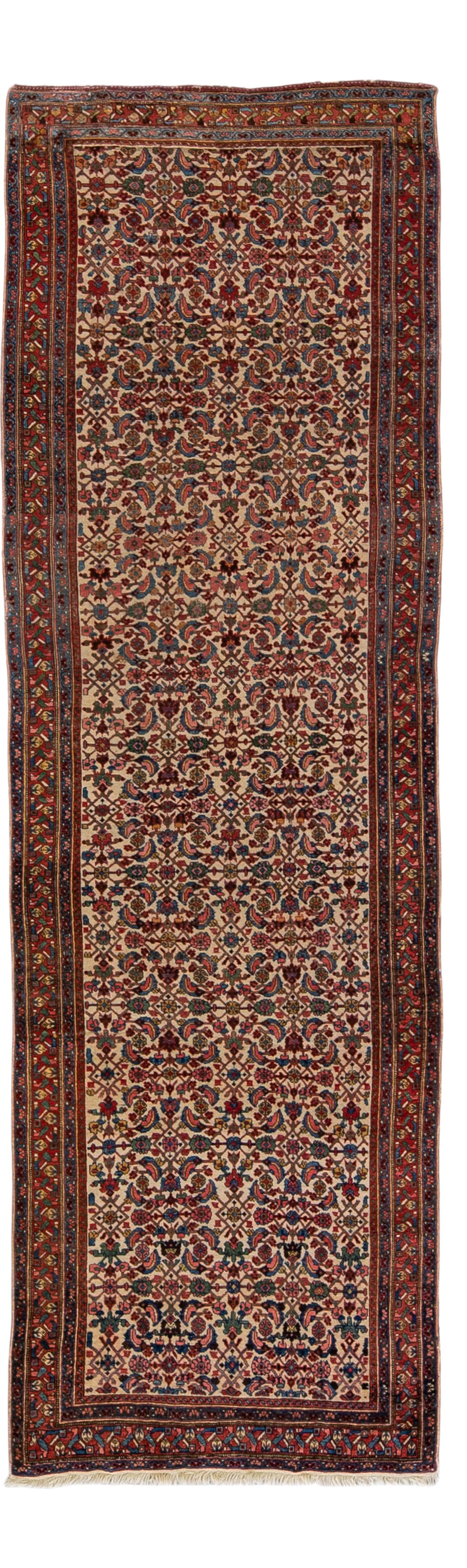 Antique Persian Bidjar Handmade Floral Wool Runner 4'3 x 13 Multicolor: Antique Persian Bidjar Handmade Floral Wool Runner 4'3 x 13 Multicolor Enhance your space with this stunning Antique Persian Bidjar runner, featuring a beautiful beige field adorned with a vibrant red