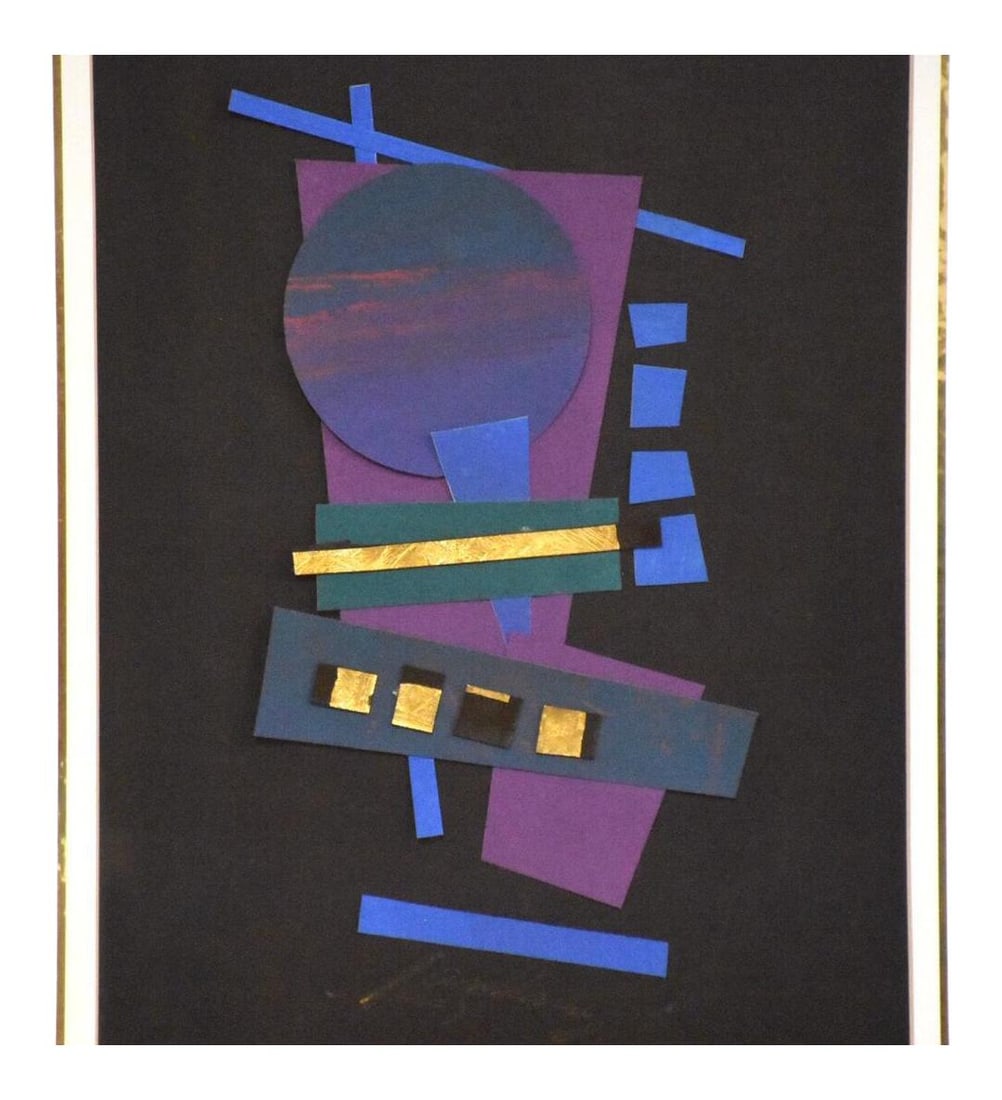 Framed Signed Abstract Paper Collage in Blues and Purples: Framed Signed Abstract Paper Collage in Blues and Purples This stunning signed abstract modern paper art collage features vibrant blues, purples, and intricate gold 3D layers, creating a captivating v