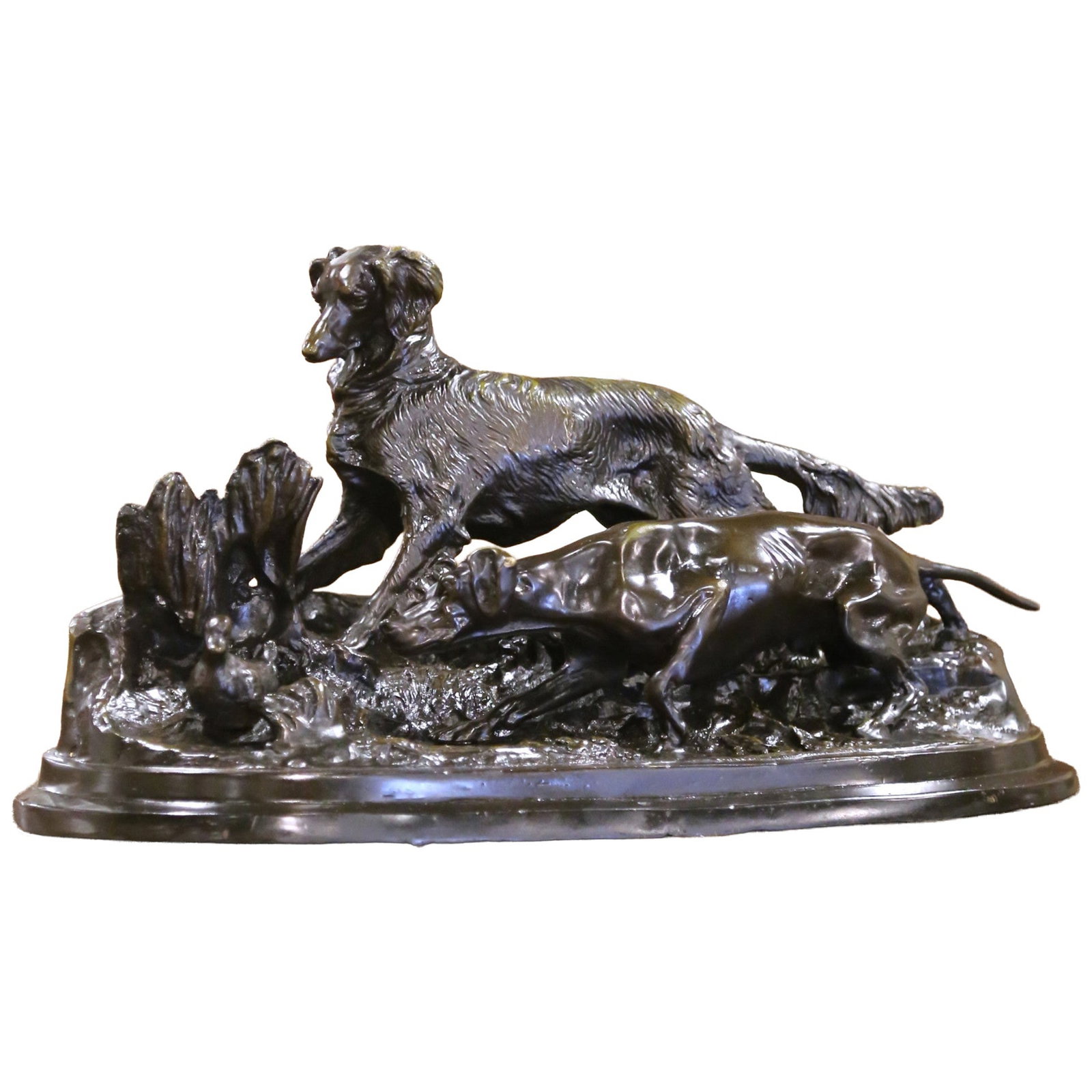 19th Century French Patinated Bronze Hunt Scene Sculpture by Jules Moigniez: 19th Century French Patinated Bronze Hunt Scene Sculpture by Jules Moigniez This exquisite 19th-century French sculpture captures the essence of a dynamic hunt scene, reminiscent of the style of Jules