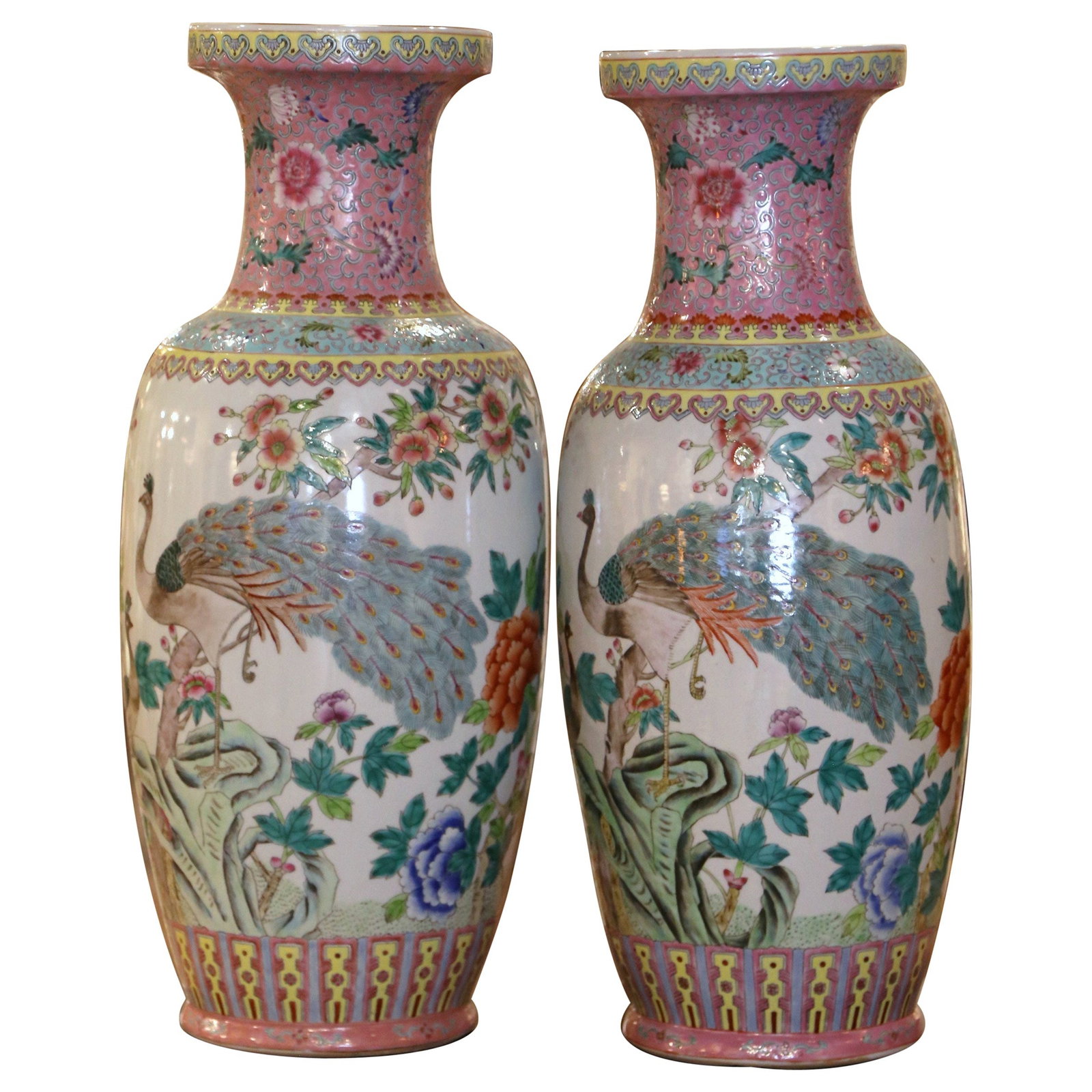 Set of 2 Chinese Famille Rose Porcelain Vases Hand Painted Circa 1950: Set of 2 Chinese Famille Rose Porcelain Vases Hand Painted Circa 1950 This pair of mid-century Chinese Famille Rose porcelain vases, attributed to Canton Famille Rose and crafted circa 1950, showcases