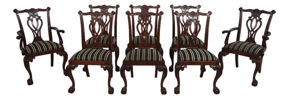 Set of 8 Councill Mahogany Chippendale Dining Chairs with Ornate Carvings: Set of 8 Councill Mahogany Chippendale Dining Chairs with Ornate Carvings This exquisite set of 8 Councill Mahogany Chippendale dining chairs showcases timeless elegance and craftsmanship. Featuring a