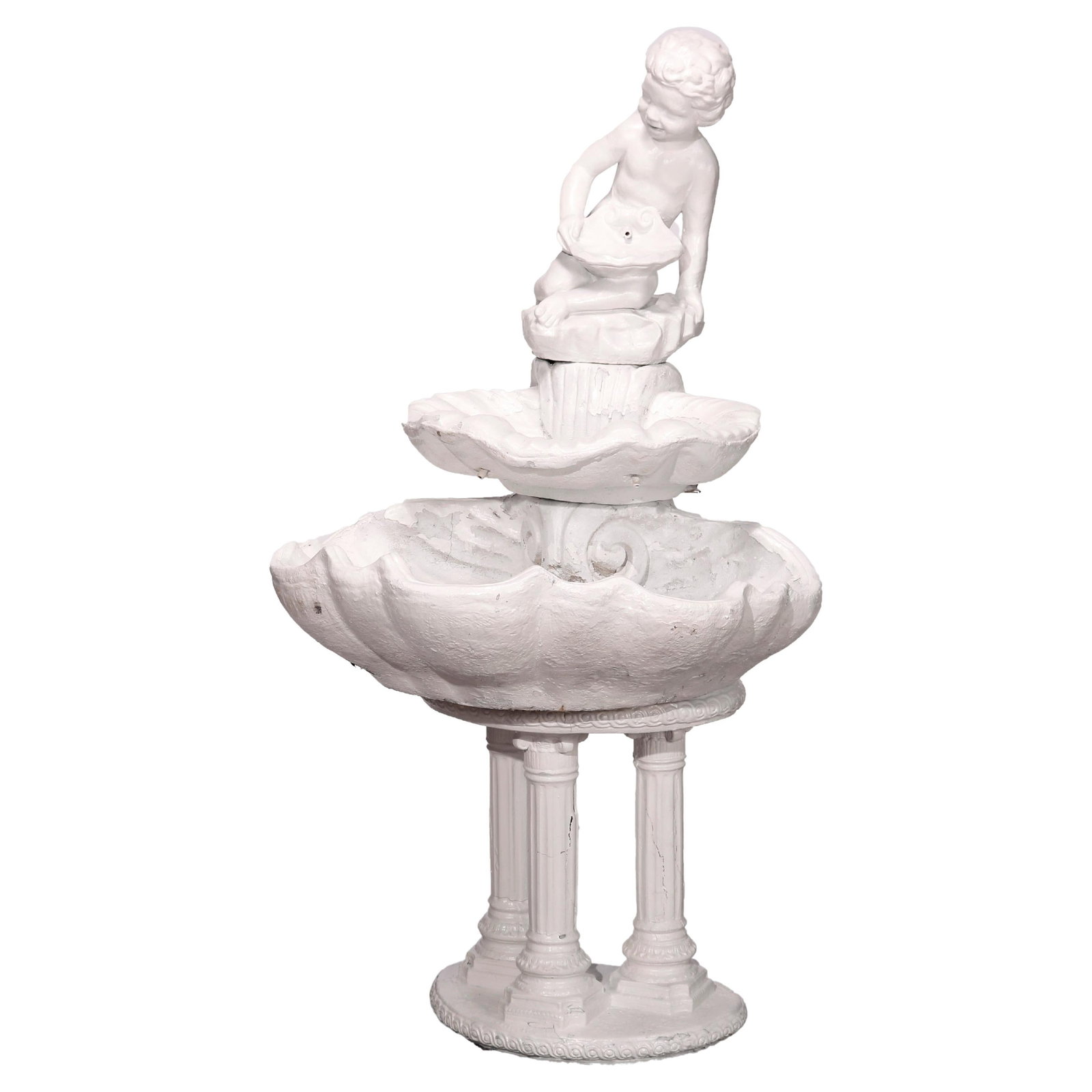 20th Century Classical Figural Cast Stone Tiered Garden Fountain: 20th Century Classical Figural Cast Stone Tiered Garden Fountain Enhance your outdoor space with this exquisite Classical Figural Painted Cast Stone Tiered Garden Fountain from the 20th century. This 