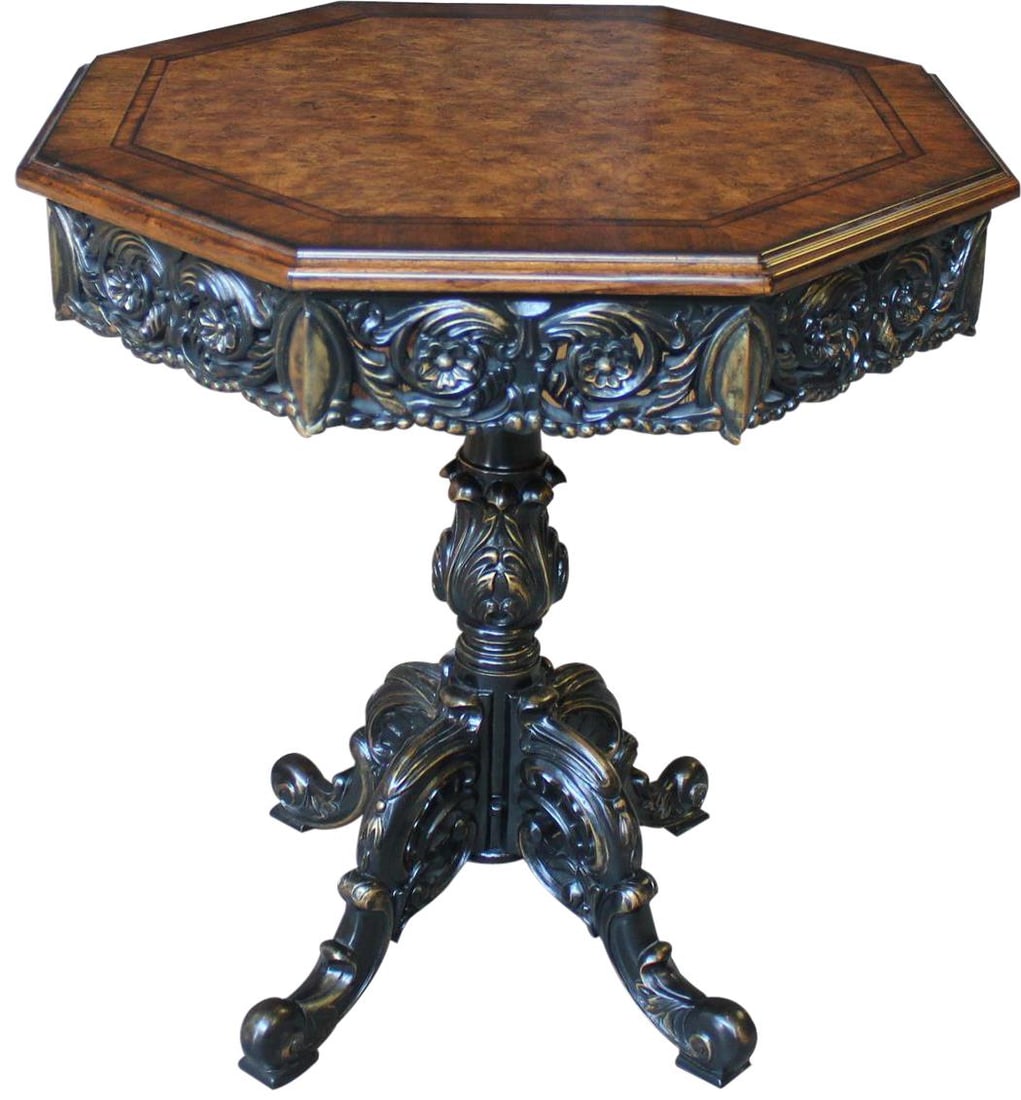 French Octagonal Lamp Table Burled Walnut Top Gold Accents: French Octagonal Lamp Table Burled Walnut Top Gold Accents This elegant French octagonal lamp table boasts a stunning burled inlaid walnut top adorned with gold accents, perfectly blending vintage cha