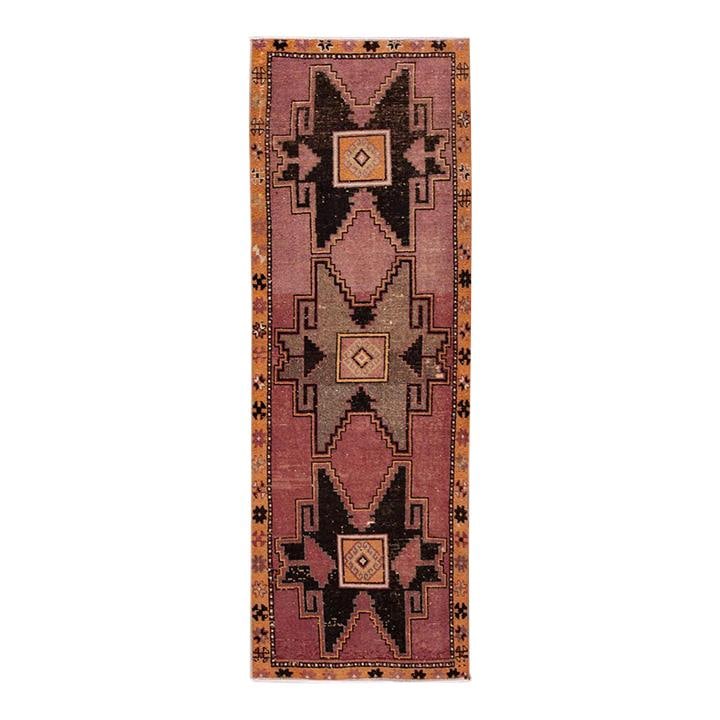 Turkish Handmade Wool Runner Burgundy Tribal Design 3' x 9'2: Turkish Handmade Wool Runner Burgundy Tribal Design 3' x 9'2 This exquisite Vintage Turkish hand-knotted Wool Runner showcases a rich burgundy field adorned with an elegant all-over geometric tribal d