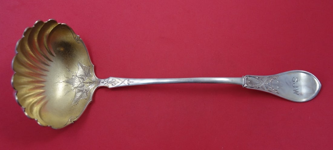 Schulz & Fischer Gem Sterling Silver Soup Ladle 12.5 with Ivy Design: Schulz & Fischer Gem Sterling Silver Soup Ladle 12.5 with Ivy Design This exquisite soup or punch ladle, crafted by Schulz & Fischer, showcases the elegant Gem pattern, dating back to 1850-1899. Made 