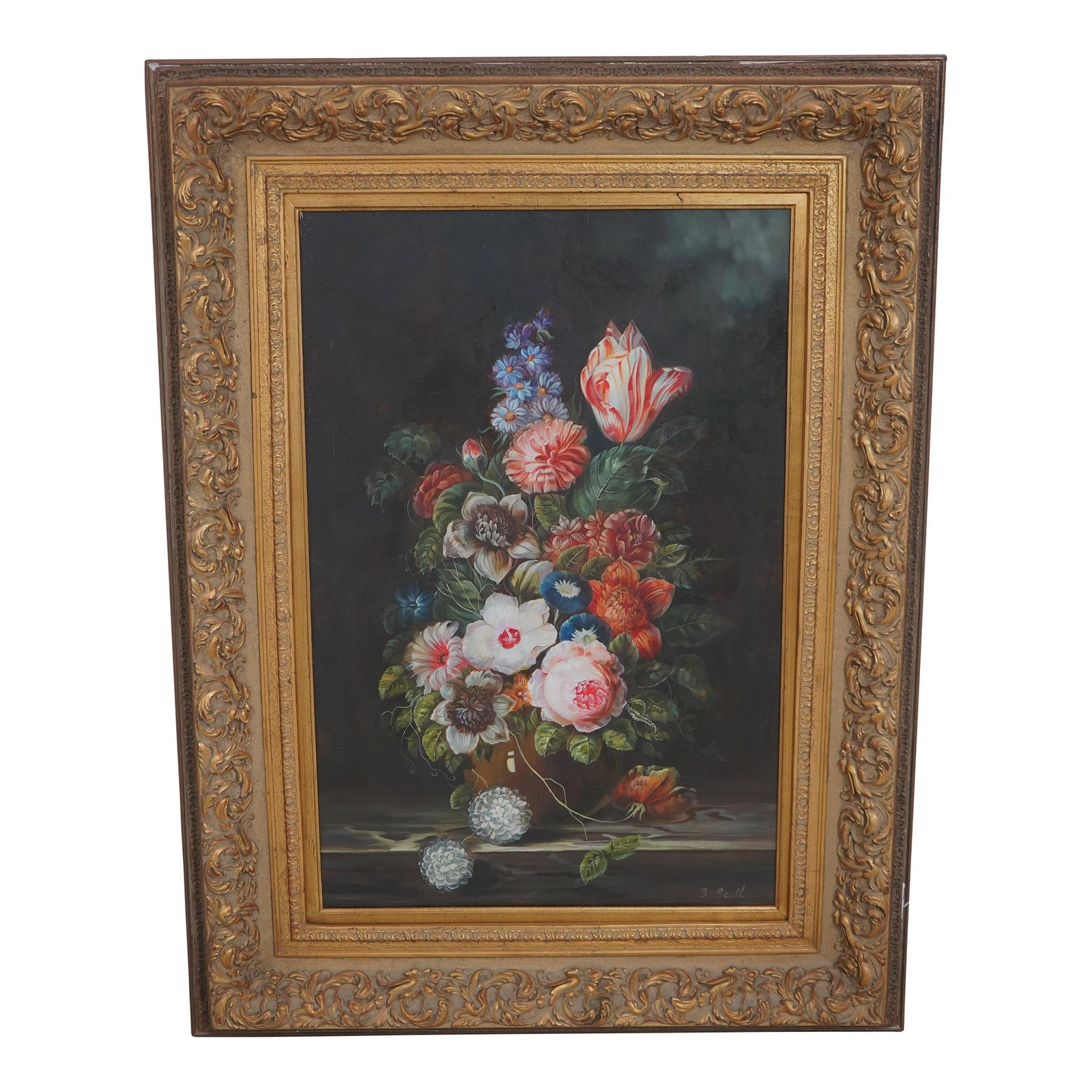 Artist Signed Floral Still Life Oil Painting in Gold Frame: Artist Signed Floral Still Life Oil Painting in Gold Frame This stunning signed oil painting on canvas features a vibrant floral still life, showcasing bright and lively colors that will enhance any s