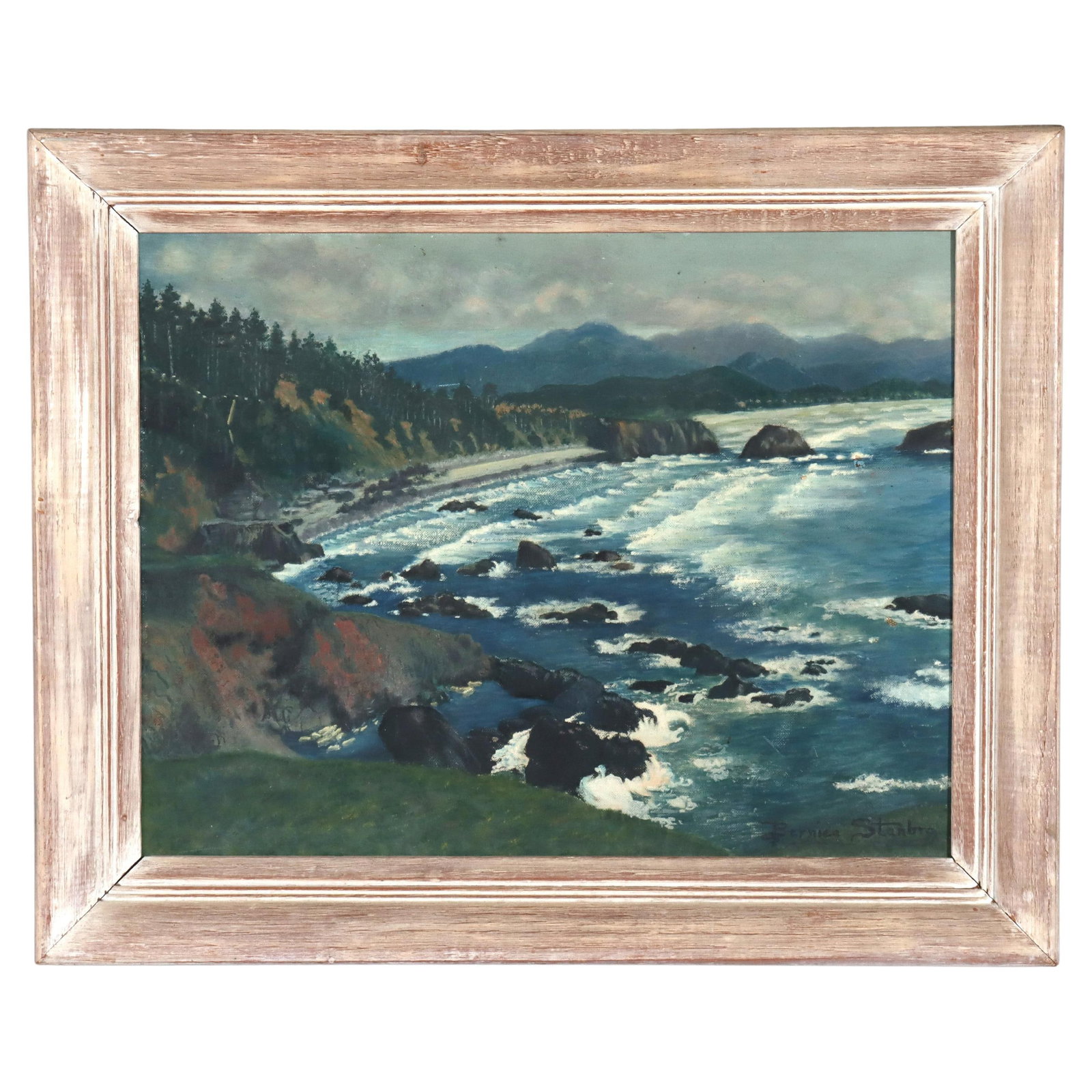 Bernice Stanbro Vintage Oil Painting Oregon Coast C1940: Bernice Stanbro Vintage Oil Painting Oregon Coast C1940 This vintage oil on board painting titled 'Oregon Coast' by artist Bernice Stanbro, created circa 1940, beautifully captures the serene beauty o
