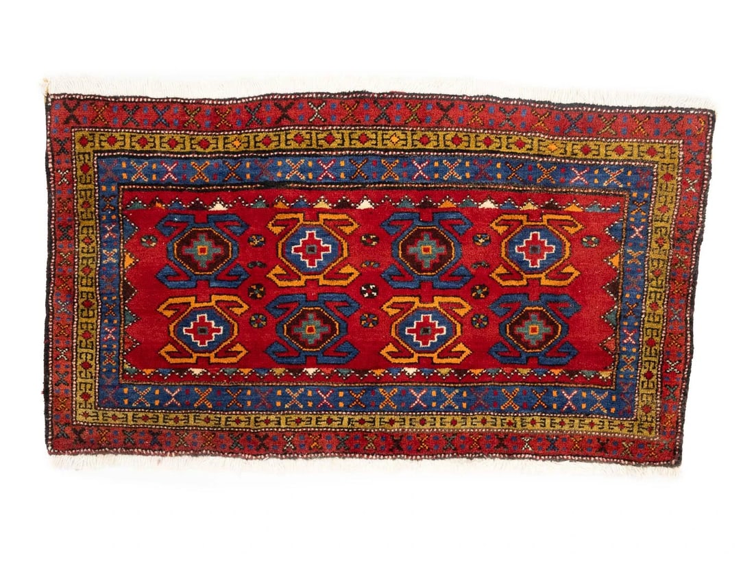2'2 x 3'8 Wool Tribal Rug Hand-Knotted Geometric Pattern Western Asia: 2'2 x 3'8 Wool Tribal Rug Hand-Knotted Geometric Pattern Western Asia This hand-knotted wool Oriental rug features a tribal geometric design in shades of red, navy blue, khaki, orange, charcoal, and c