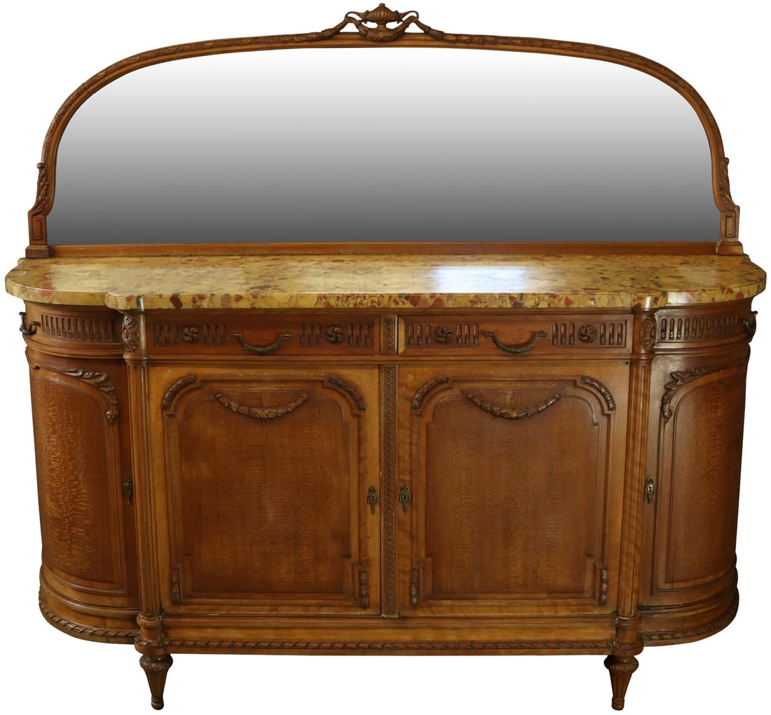 Louis XVI Vintage French Sideboard by Mercier in Chestnut Finish: Louis XVI Vintage French Sideboard by Mercier in Chestnut Finish This exquisite Vintage French Sideboard is a stunning example of Louis XVI style, elegantly crafted and signed by the renowned maker Me