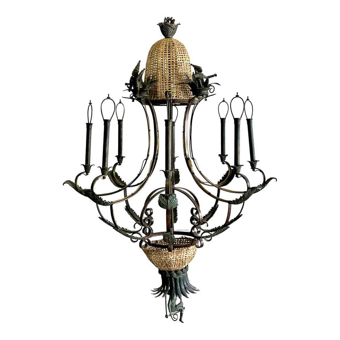 Maitland Smith Vintage Patinated Monkey Chandelier with Rattan Details: Maitland Smith Vintage Patinated Monkey Chandelier with Rattan Details Elevate your space with this Vintage Coastal Maitland Smith Patinated Monkey Chandelier, a stunning blend of whimsical design and